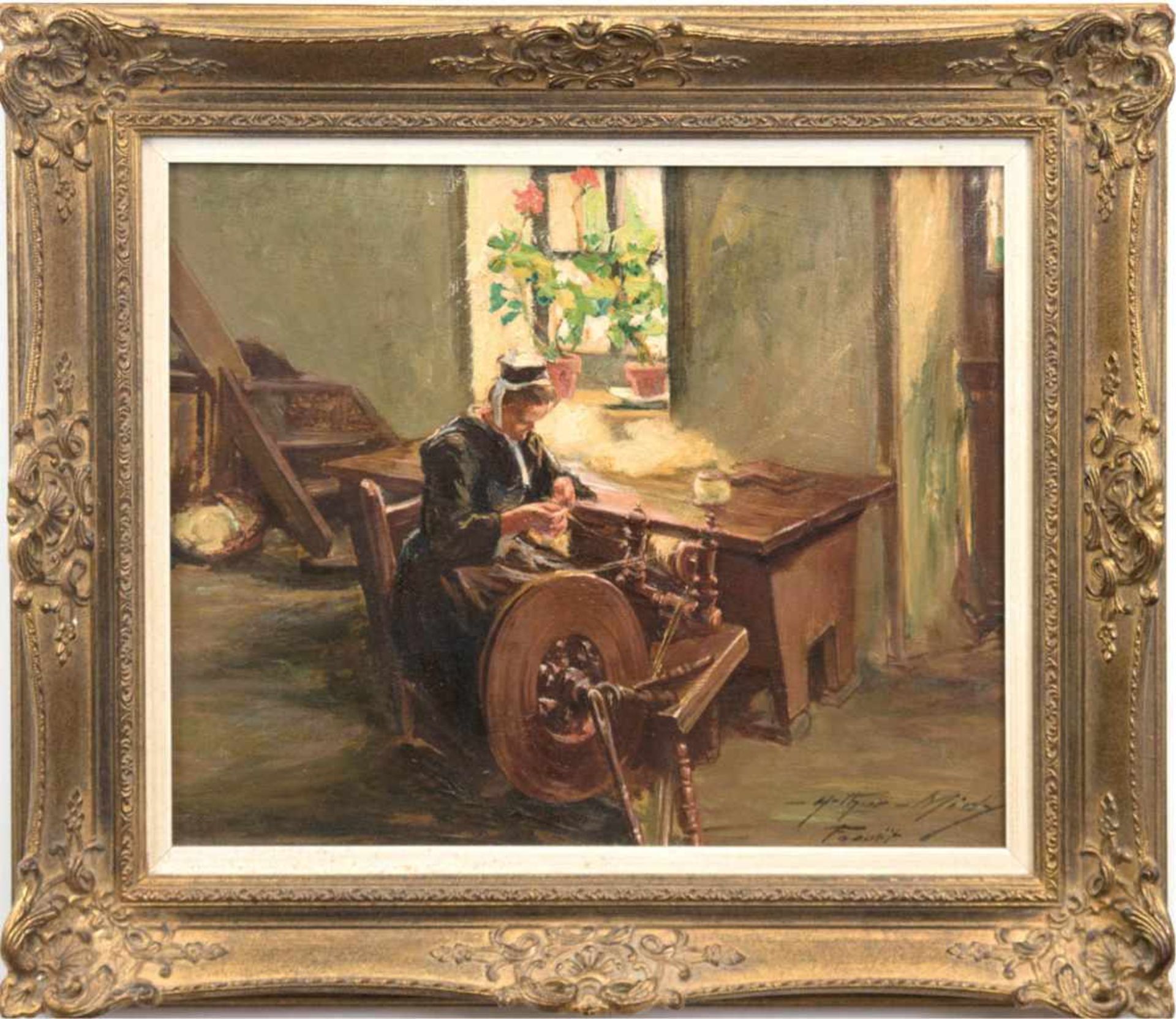 Midy, Arthur (1887 Saint- Quentin-1944 Faouet) "Frau in Tracht am Spinnrad vor Fenstersitzend", Öl/