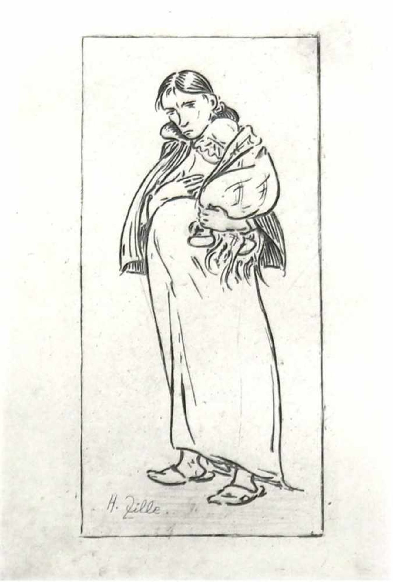 Zille, Heinrich (1858- 1929 Berlin) "Schwangere Frau mit Kind auf dem Arm",Originalradierung aus dem