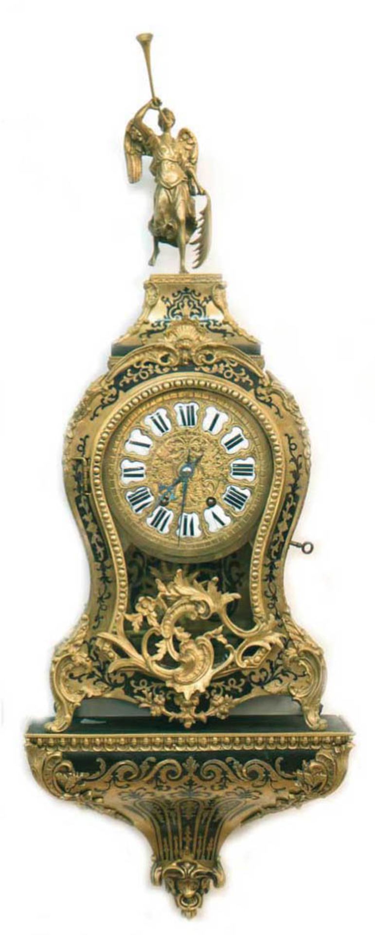 Boulle-Uhr auf Konsole, Frankreich um 1860, ebonisiertes Holzgehäuse mit reichenSchildpatt und