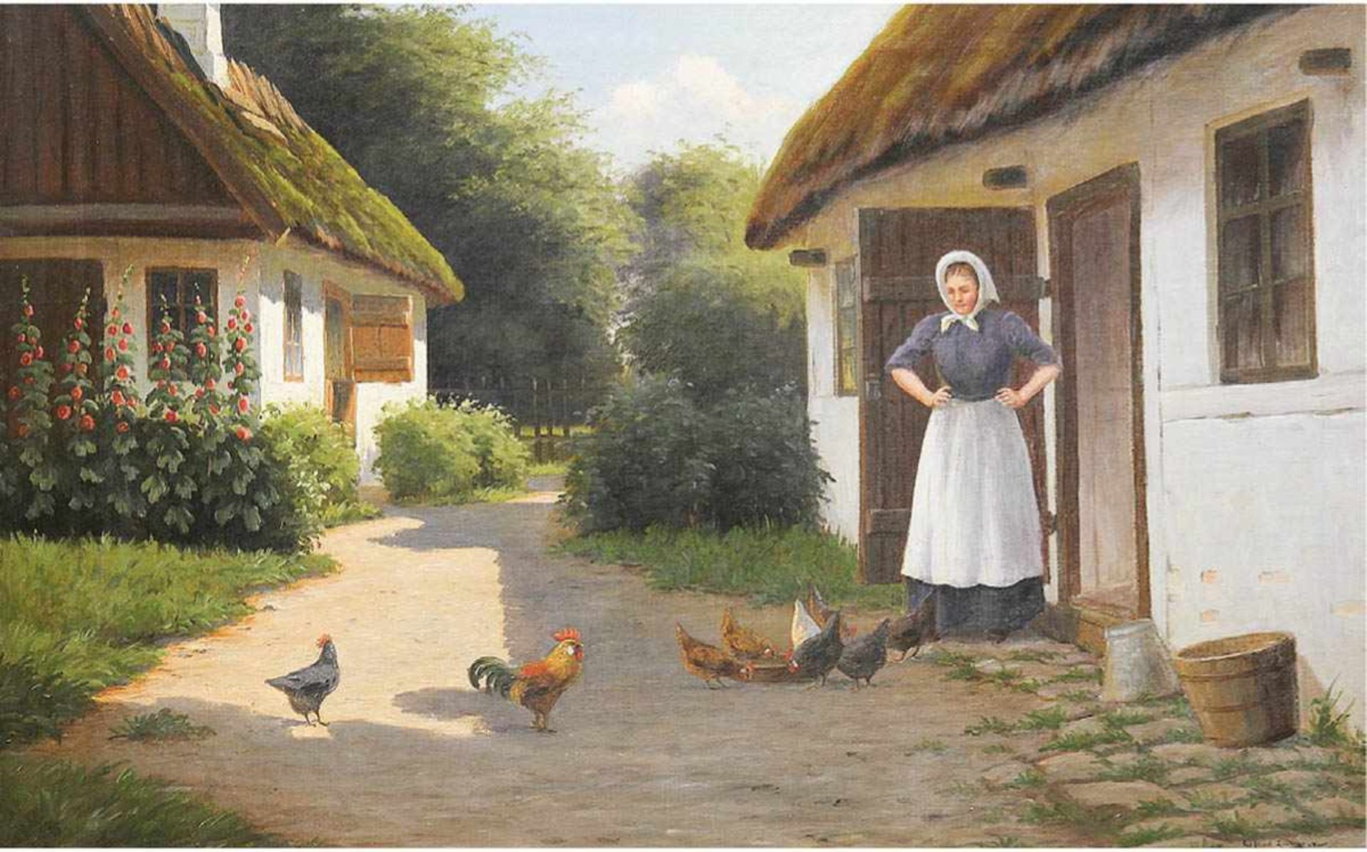 Langen, Alfred? (19. Jh.) "Bauersfrau füttert ihre Hühner", Öl/Lw., signiert u.r., 1xHinterlegung,