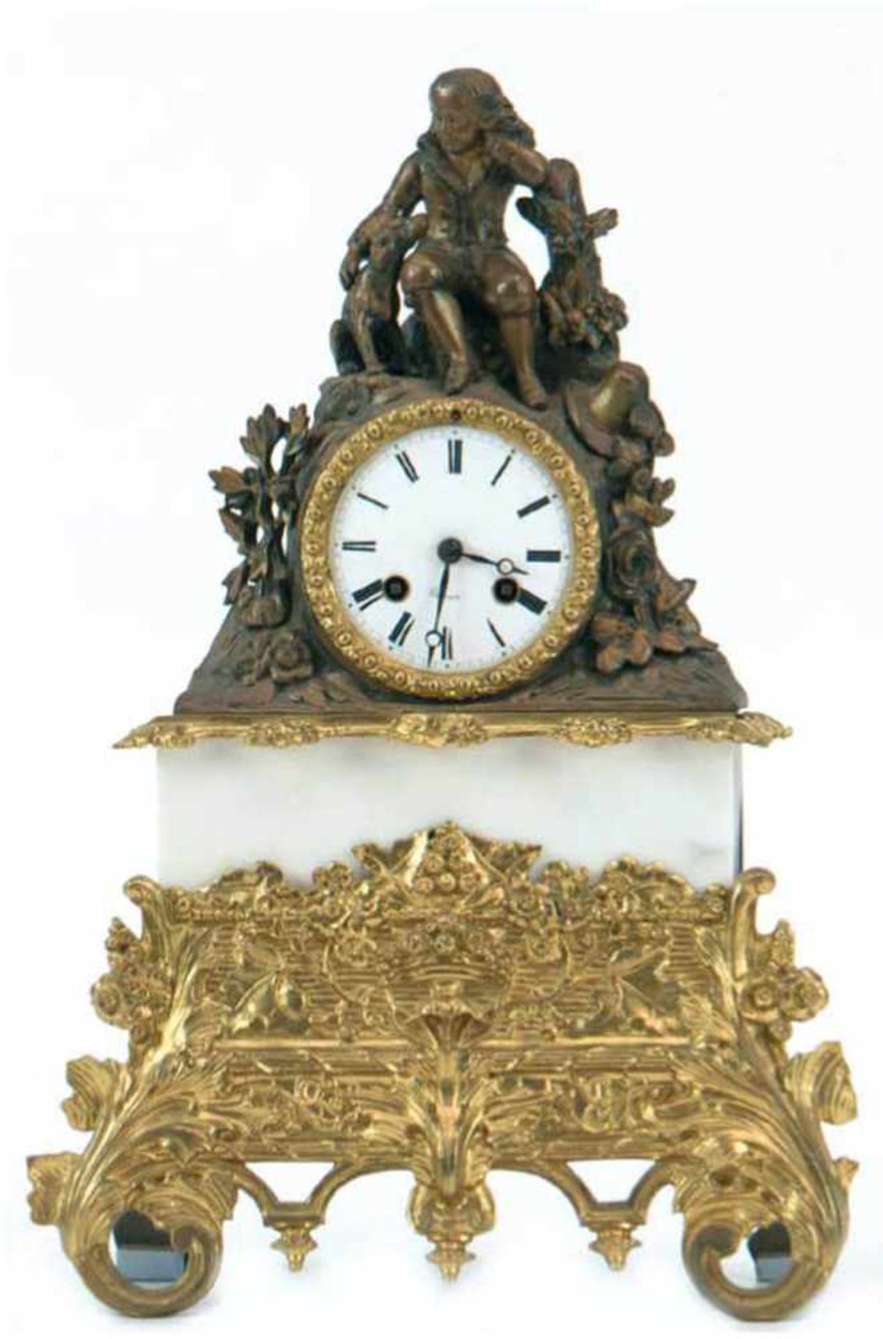 Figurenpendule, Frankreich um 1830, Bronze, Front mit weißem Carrara-Marmor undvergoldeten