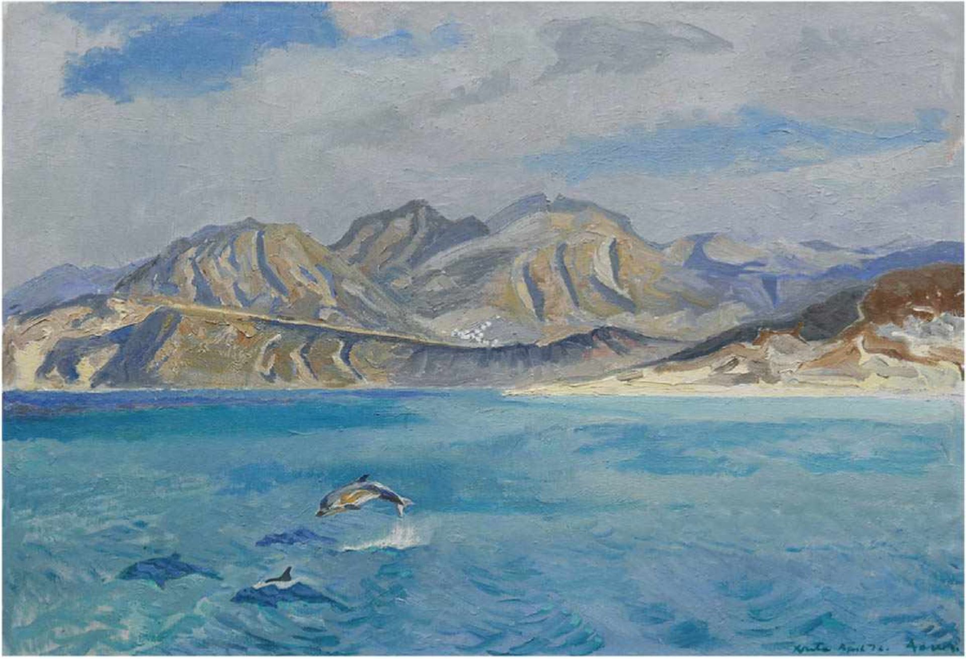 Maler des 20. Jh. "Delphine vor felsiger Küste", Öl/Lw. unleserlich signiert und datiert'72 u.r.,
