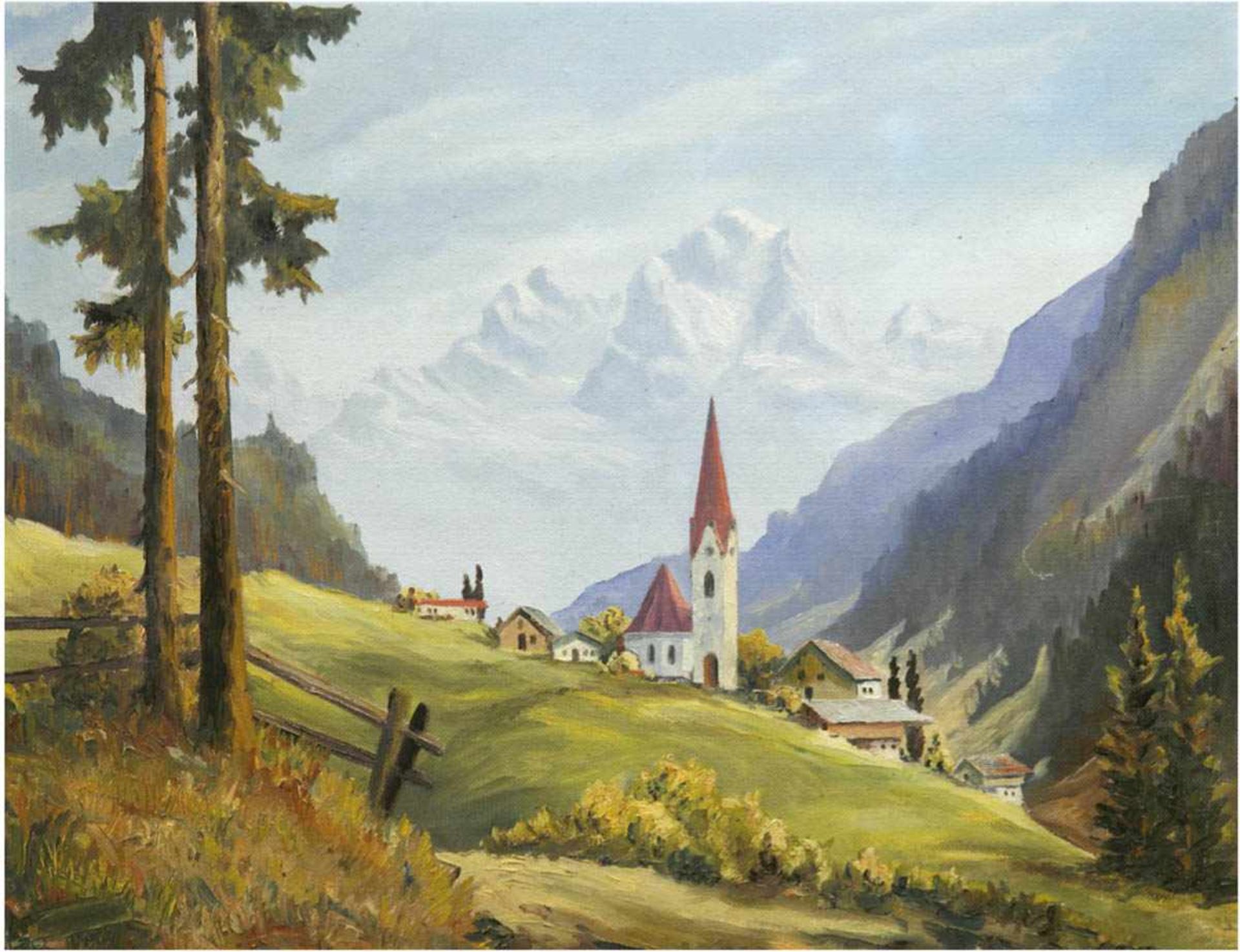 Ströer "Alpenlandschaft mit Bergdorf", Öl/ Lw. auf Holzplatte aufgezogen, 60x75 cm