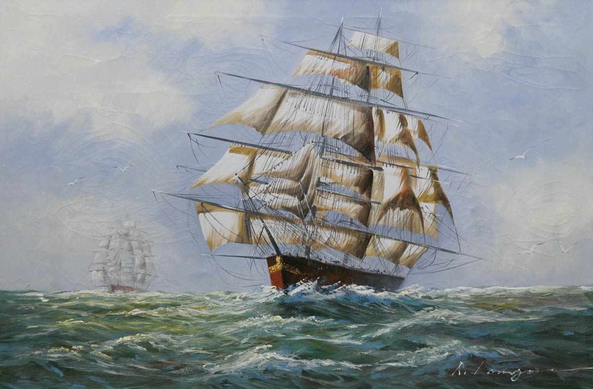 "Windjammer auf hoher See", Öl/Lw., undeutl. sign. u.r., 61x91 cm, Rahmen