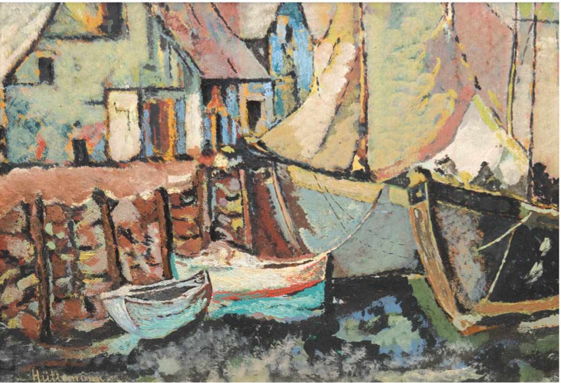 Hüttemann "Fischereihafen", Öl/Schichtenholz, sign. u.l., 53x73 cm, Rahmen