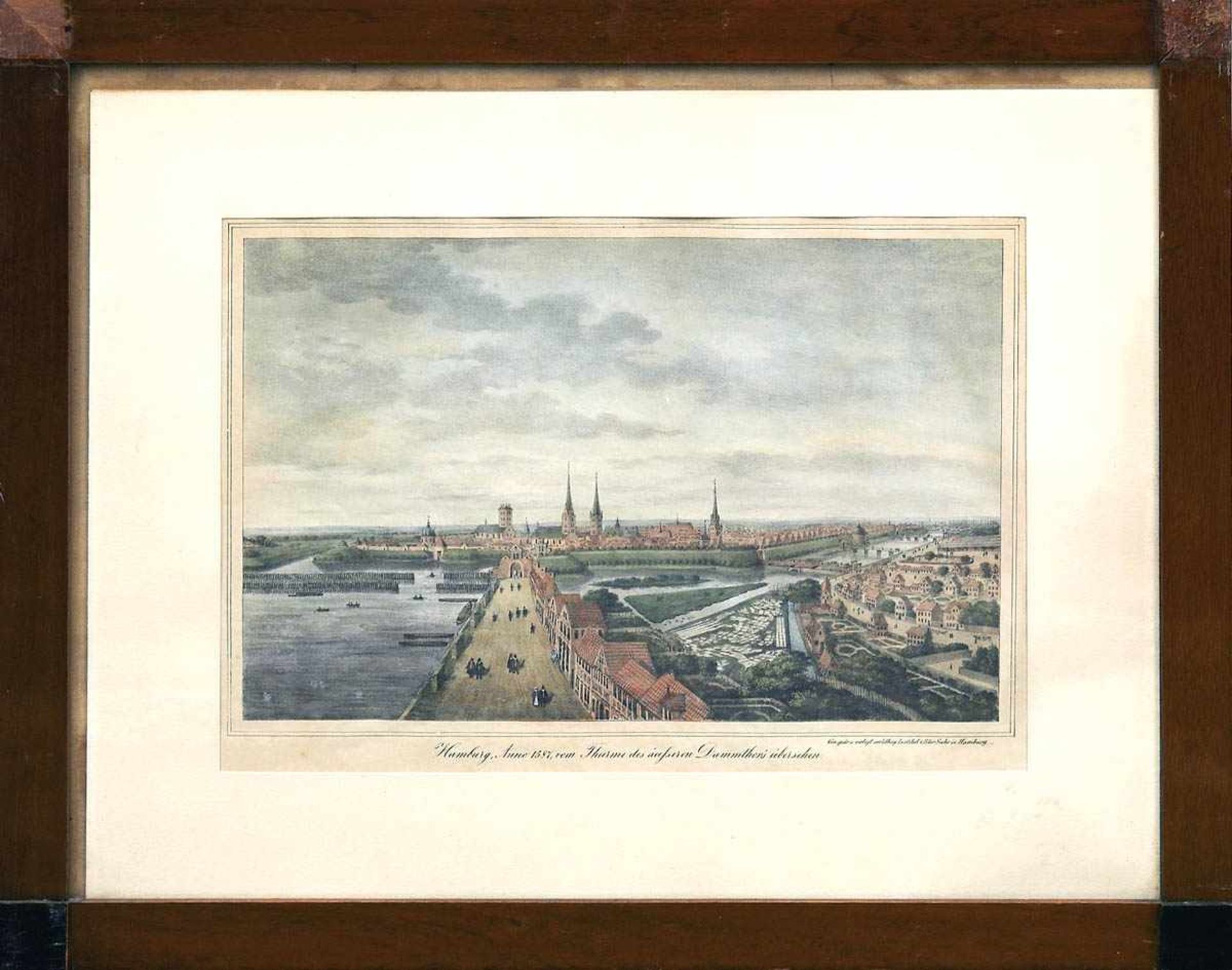 Druck "Hamburg, anno 1587", 22x33,5 cm, im Passepartout und Mahaginirahmen (def.)