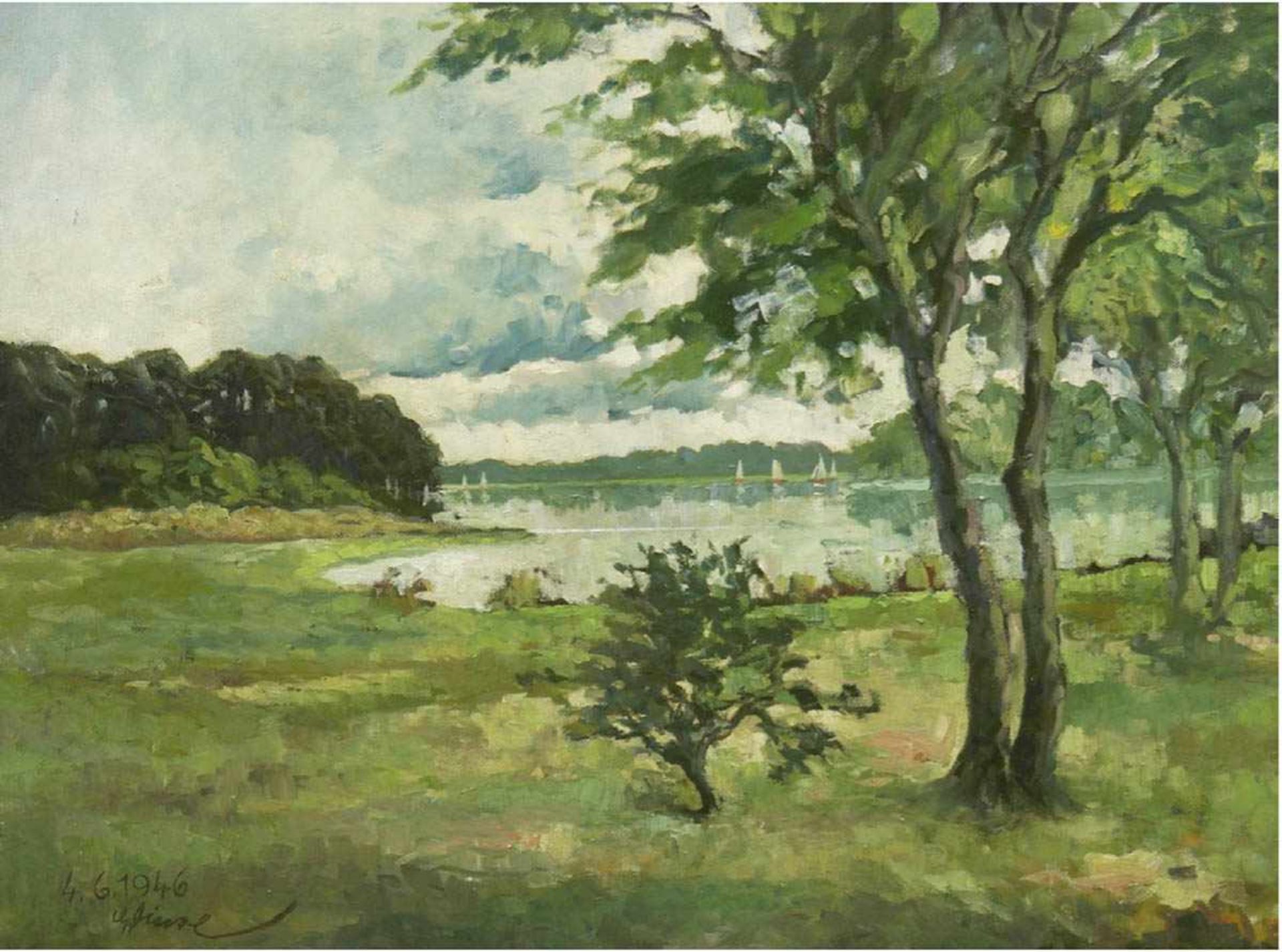 "Mecklenburger Seenlandschaft", Öl/Lw., unleserl. signiert und datiert 1946 u.l., 60x80cm, Rahmen