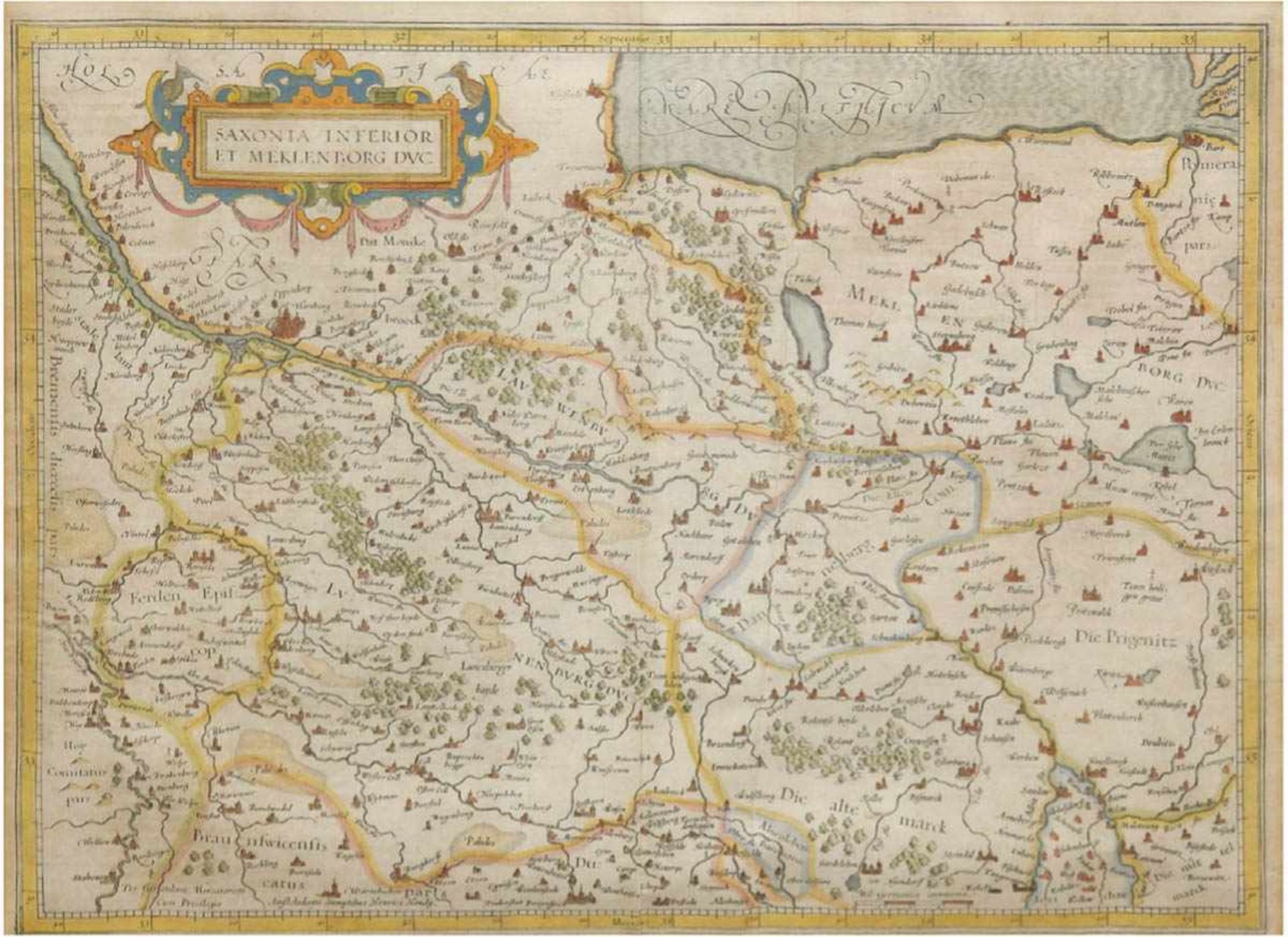 "Karte Nord-Ost-Deutschland" handkolorierter Kupferstich, 23x29 cm, hinter Glas imPassepartout und