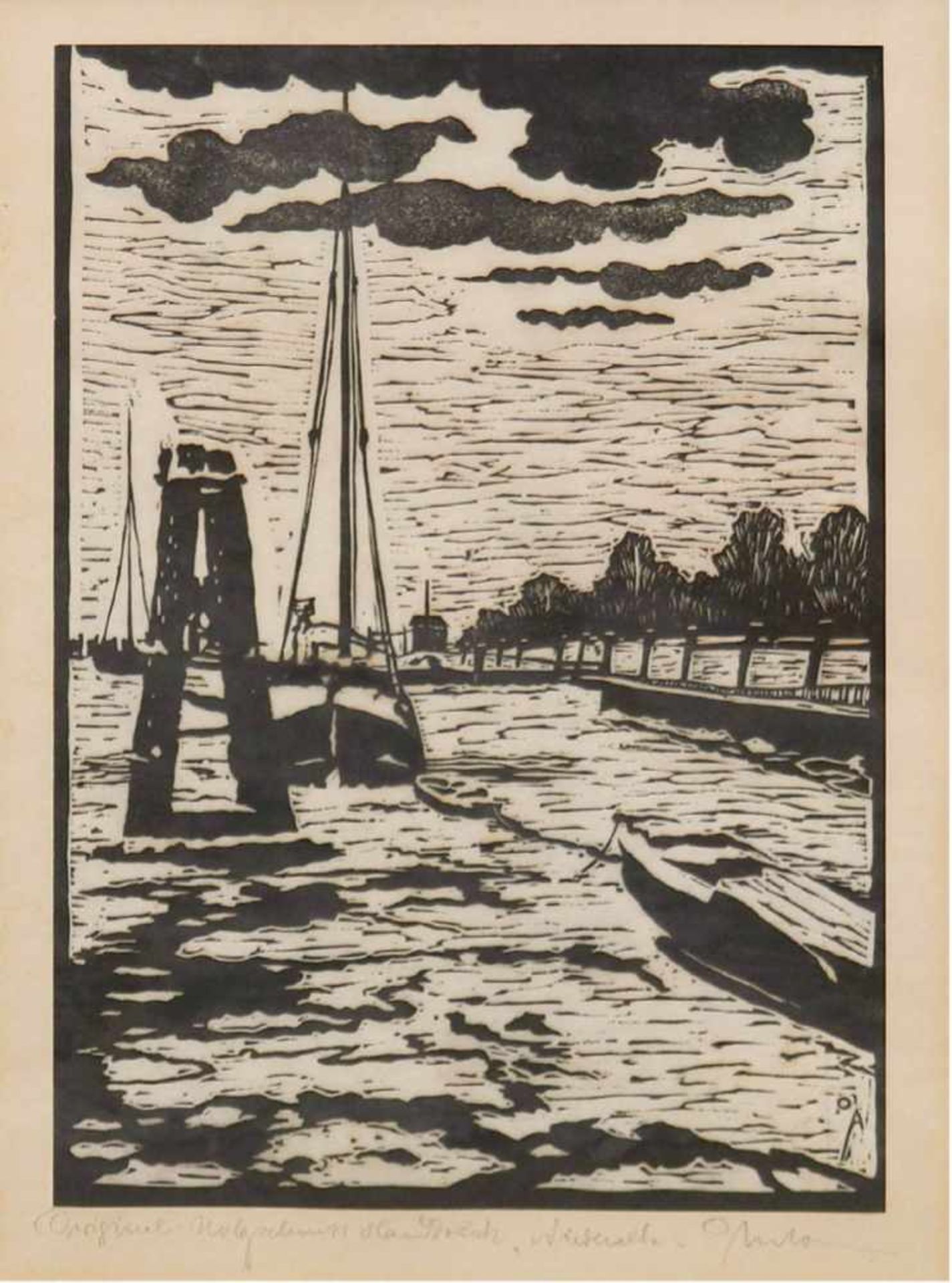Anton, Ottomar (1895 Hamburg- 1976 Hamburg) "Niederelbe", Holzschnitt, Handdruck, signiertund