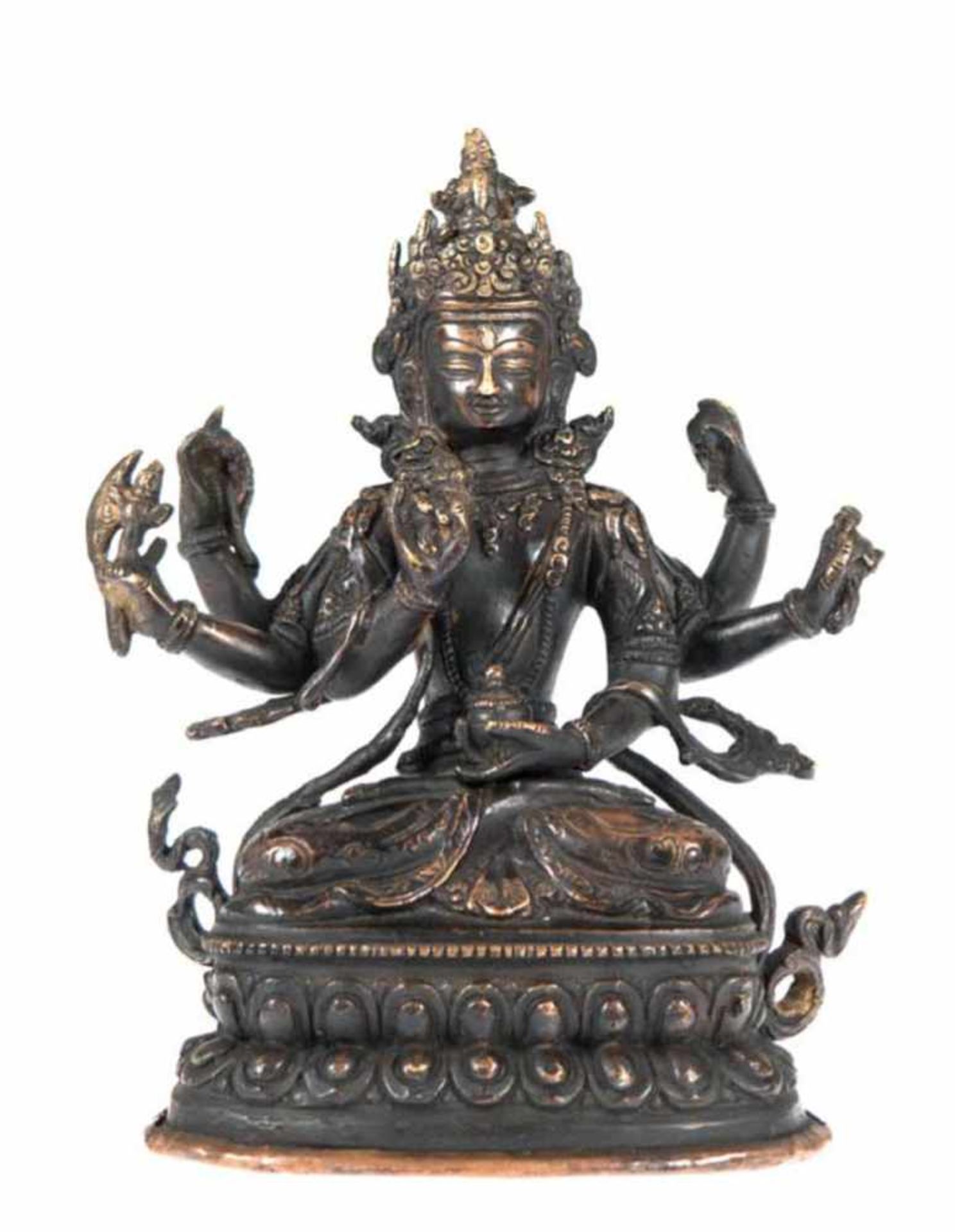 Buddha-Figur "Avalokiteshvara auf doppeltem Lotosthron", Bronze, Tibet, Anf. 20. Jh.,geschlossener