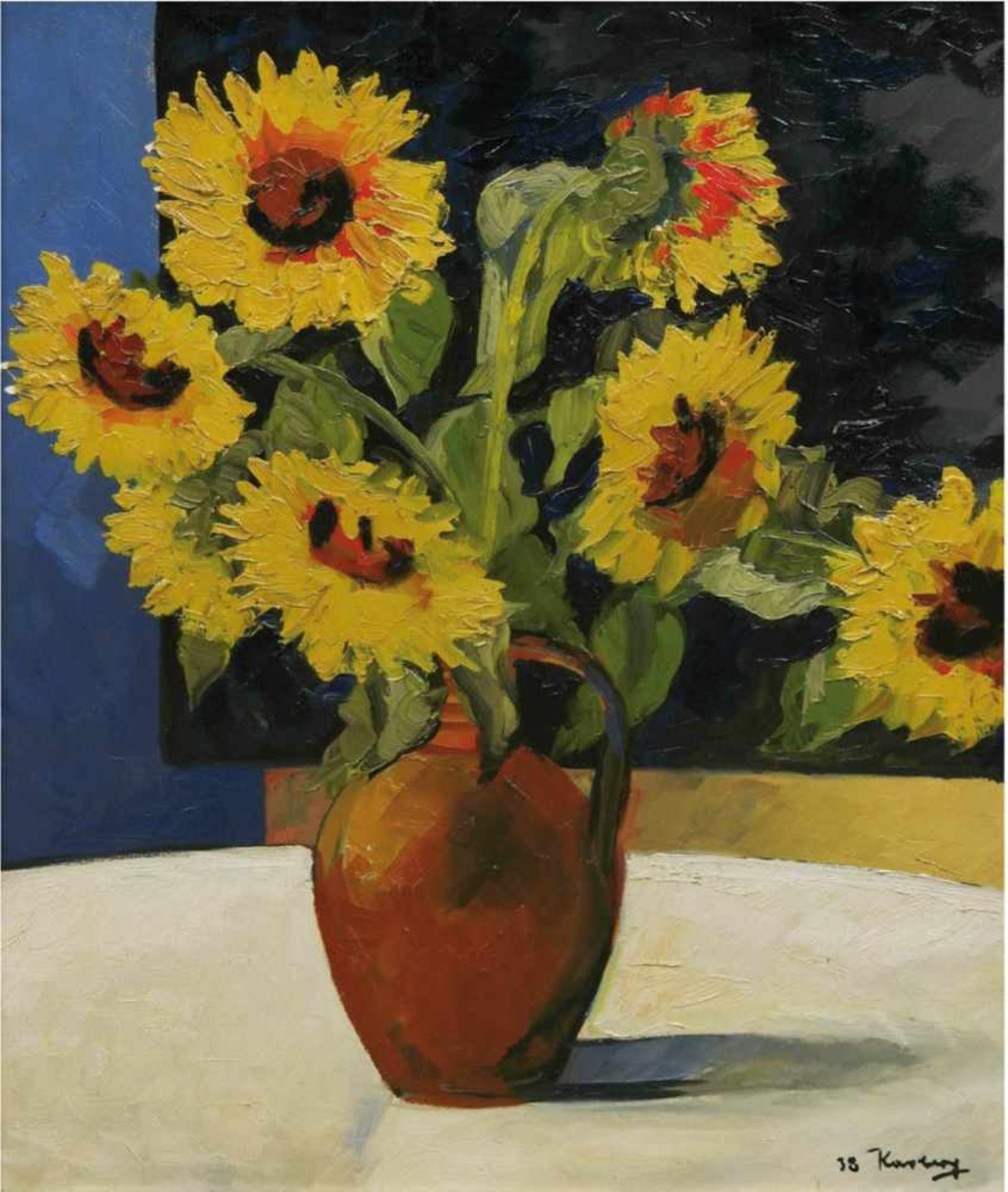 Karberg (20. Jh.) "Sonnenblumen in der Vase", Öl/Lw., signiert und datiert '38 u.r., 64x51cm,