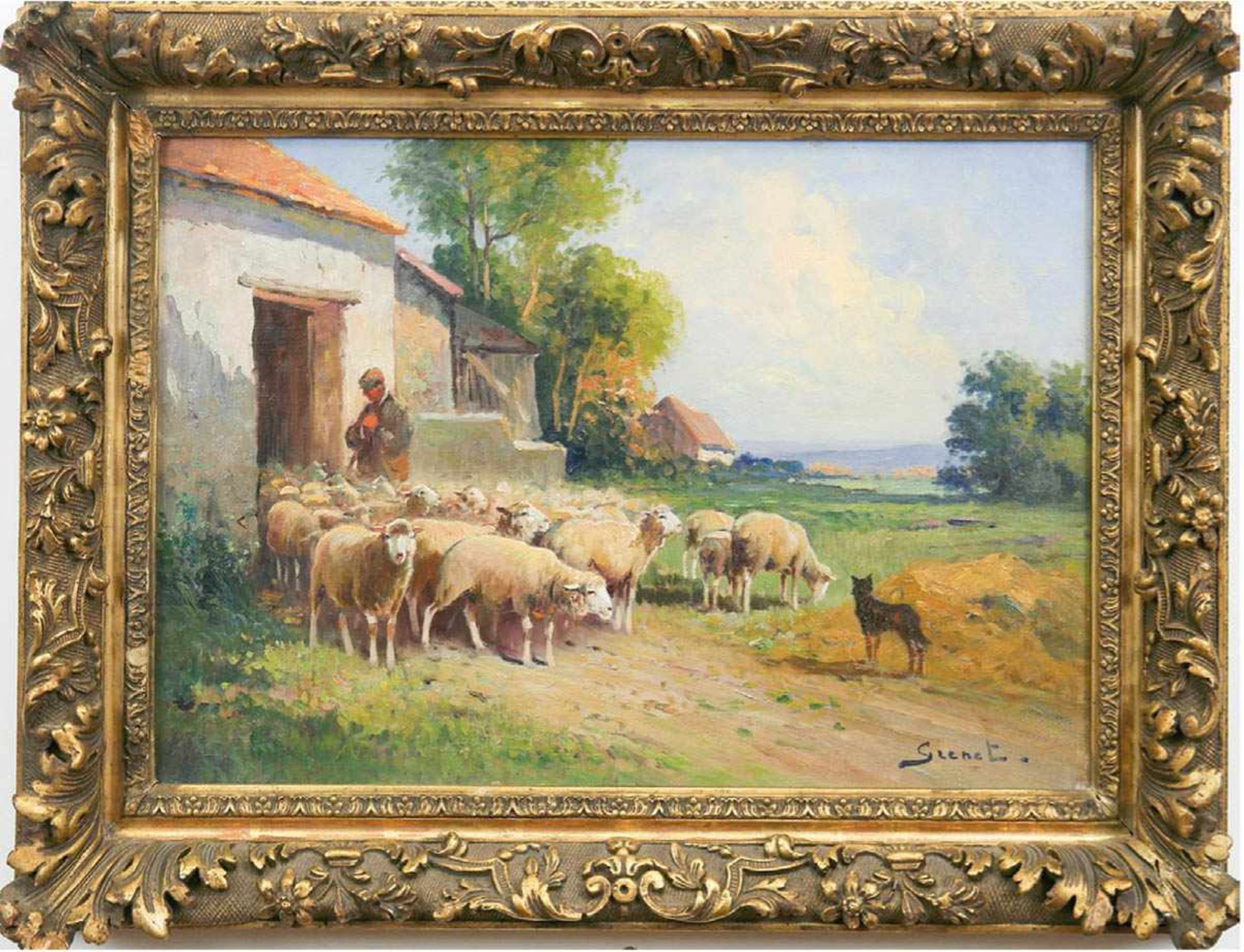 Grenet de Joigny, Dominique Adolphe (1821- 1885) "Schäfer mit seiner Herde vor dem Stall",Öl/Lw.,