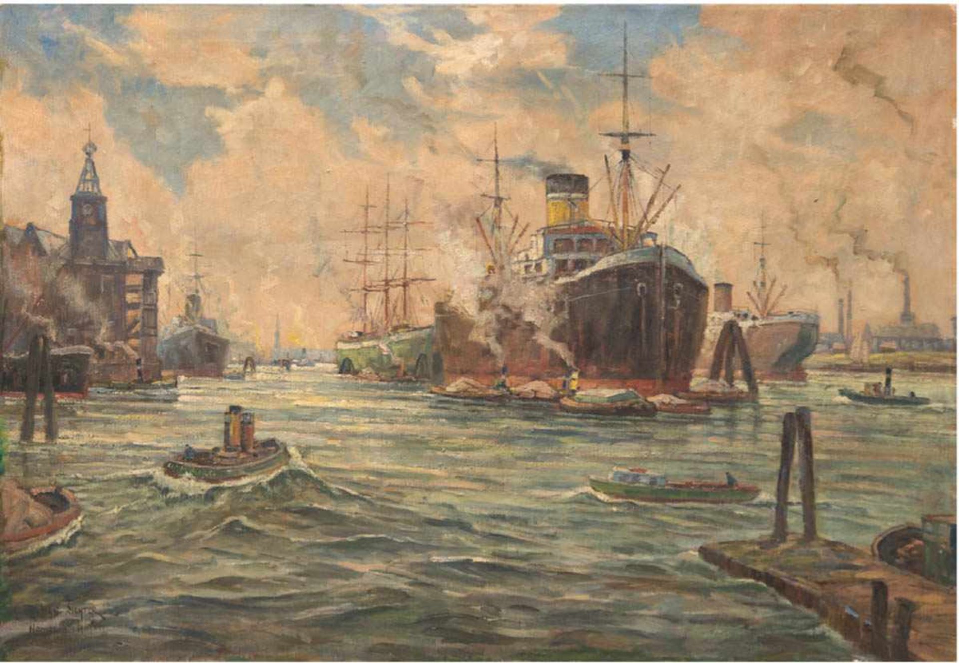 Richter, Max (1860-?) "Hamburger Hafen", Öl/Lw., sign. u.l. und bez., 70,5x100 cm