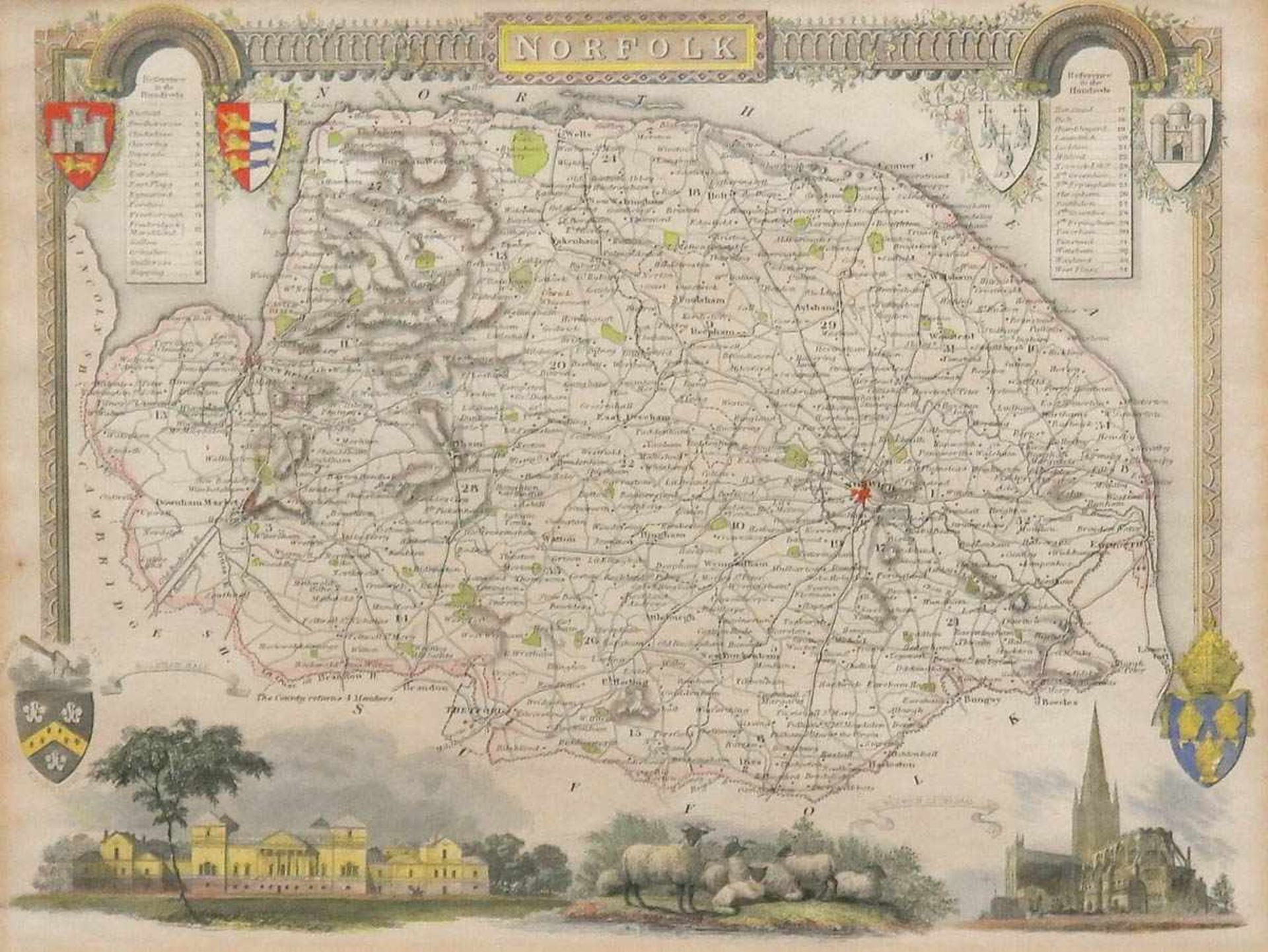 Karte "Norfolk", z.T. handkoloriert, 21x27 cm, hinter Glas im Passepartout und Rahmen