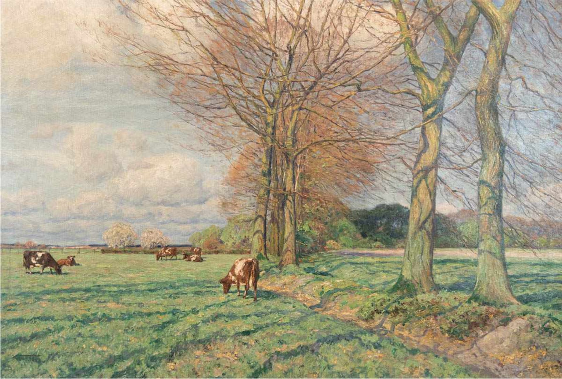 Fritzel, Wilhelm (1870 Hamburg-1943 Orense/Stade) "Weite Landschaft mit Kühen auf derWeide", Öl/Lw.,