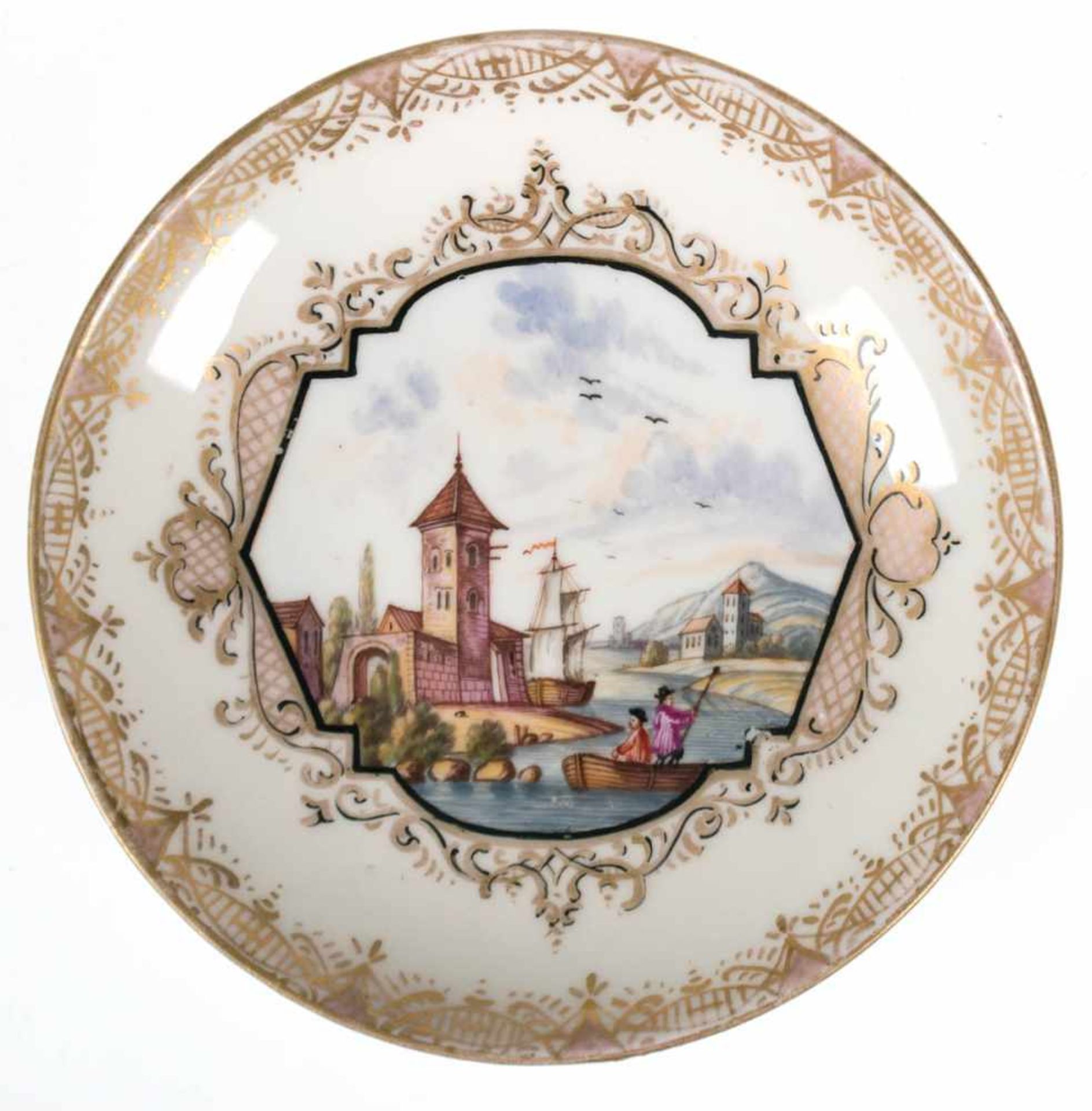 Meissen-Tellerchen mit Kauffahrteiszene und reicher Goldstaffage (etwas berieben), Ende19. Jh., 2