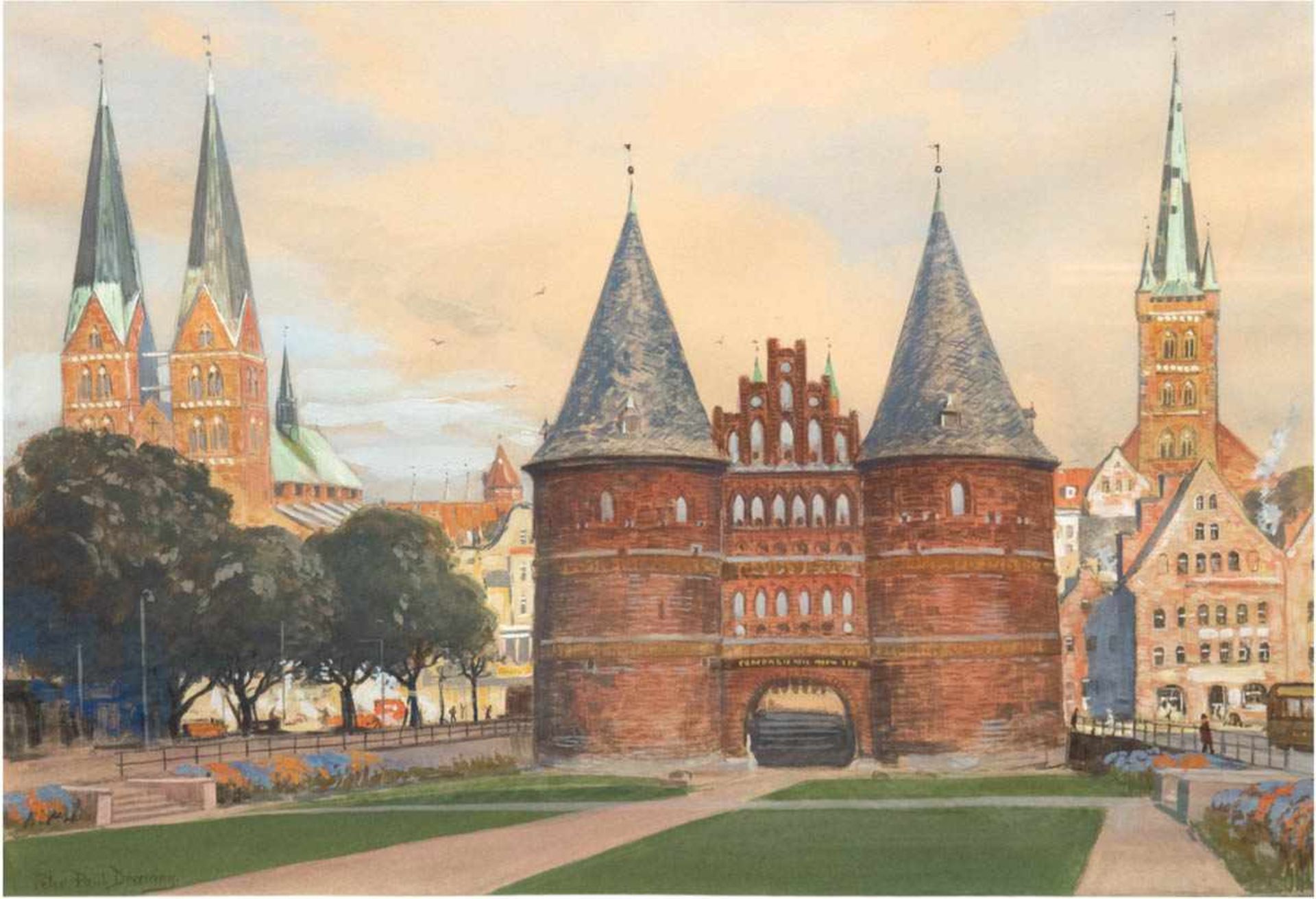 Draewing (Drewing), Peter Paul (1876 Schwaan-1940 Berlin) "Lübeckansicht mit Holstentor,um 1920",