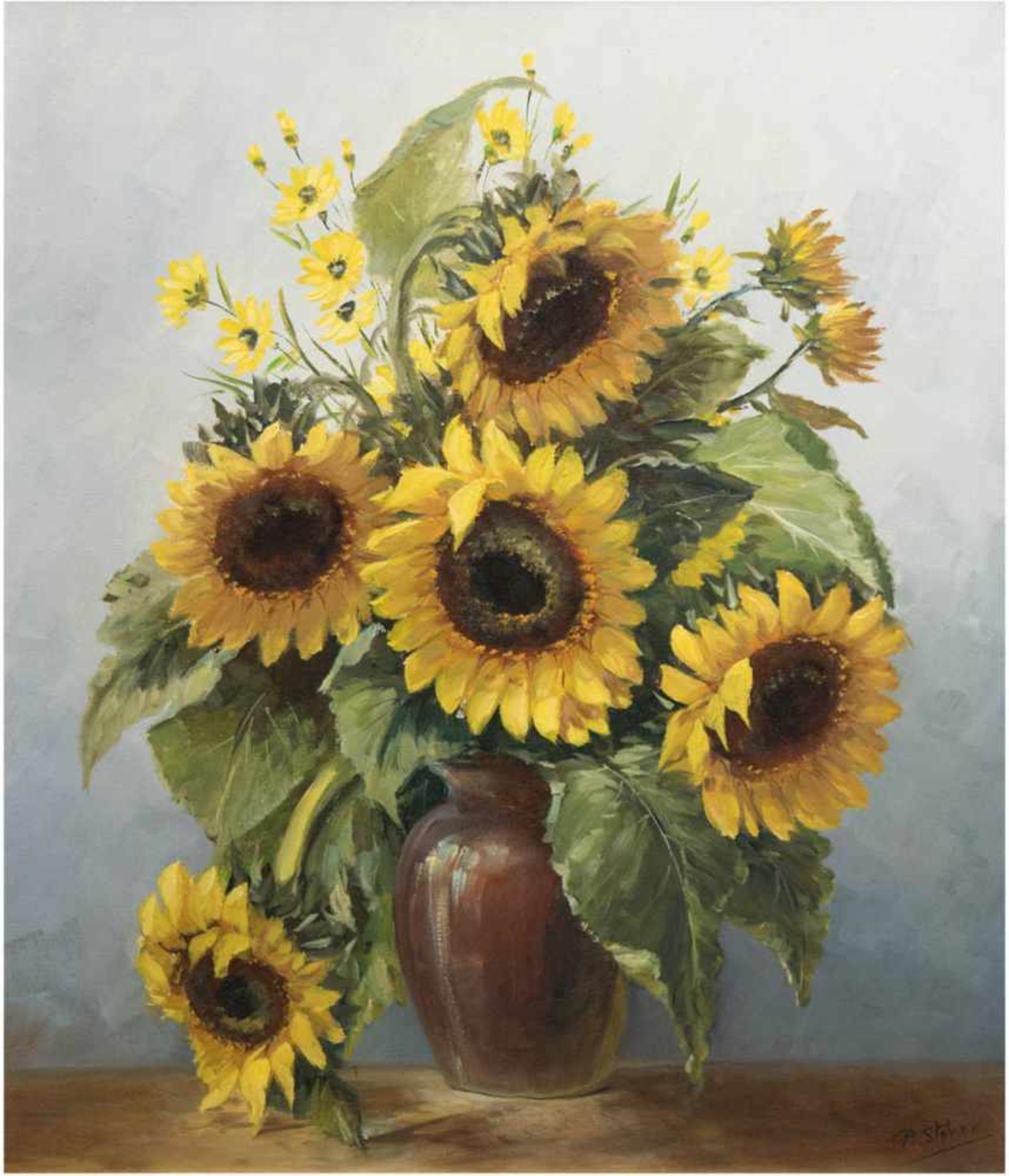 Stöver, Paula (1918 Bremen-Worpsweder Künstlerin) "Sonnenblumen in brauner Tonvase",Öl/Lw., signiert