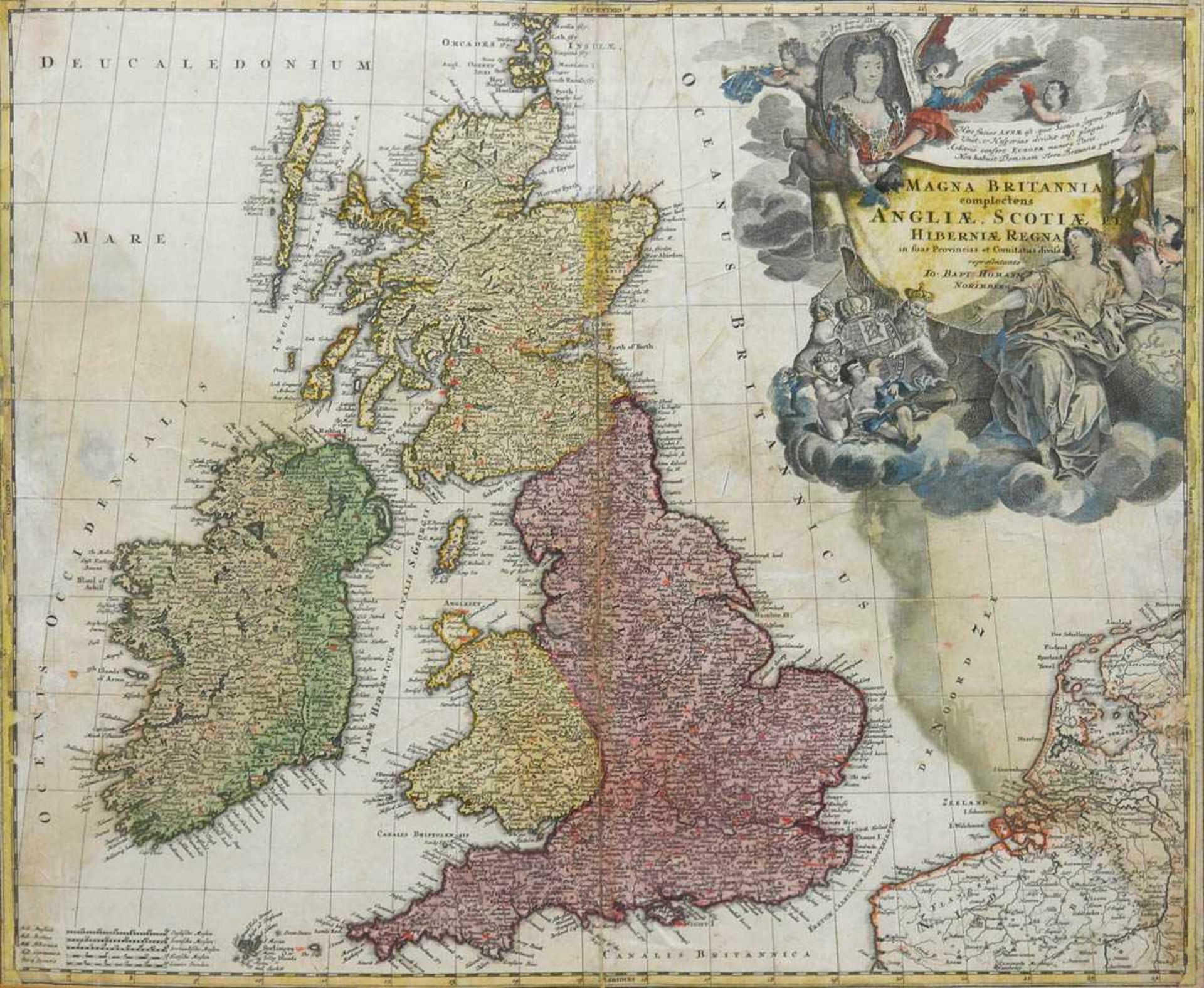 Landkarte "England und Schottland", altkoloriert, Babt. Homann, Nürnberg, starkeGebrauchspuren,