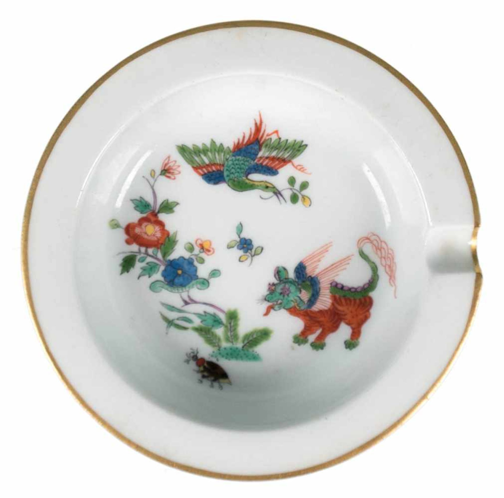 Meissen-Aschenbecher, rund, Pfeifferzeit, Fliegender Hund mit Goldrand, I. Wahl, Dm. 9 cm