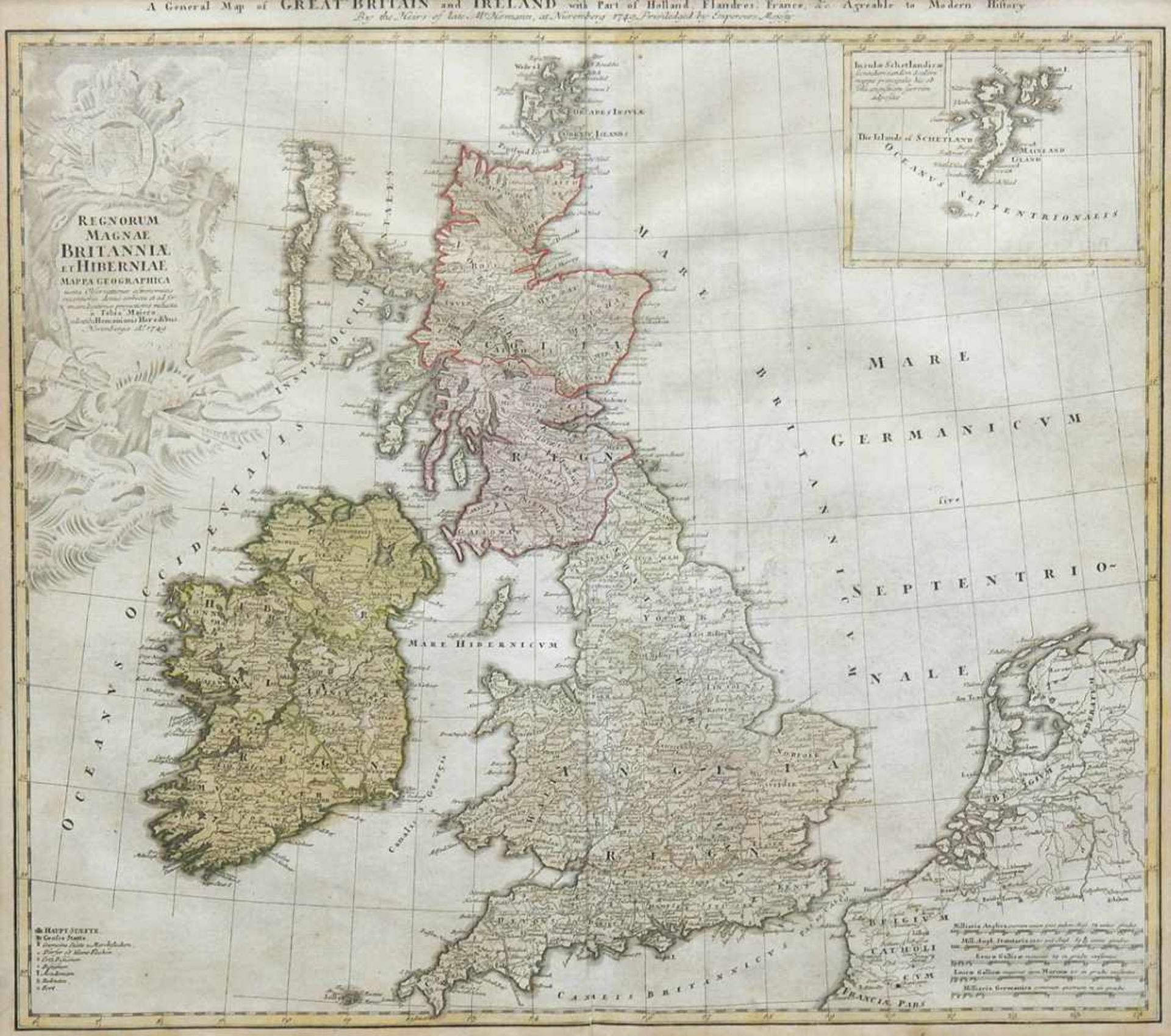 Landkarte "Great Britain and Ireland", Homann, Nürnberg 1749, altkoloriert, mittig Falz,48,5x53