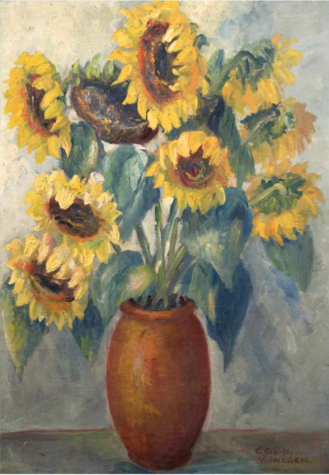 Barth, Carl Josef (1896 Haan-1976 Düsseldorf) "Sonnenblumen in Tonvase", Öl/Lw., singniertund