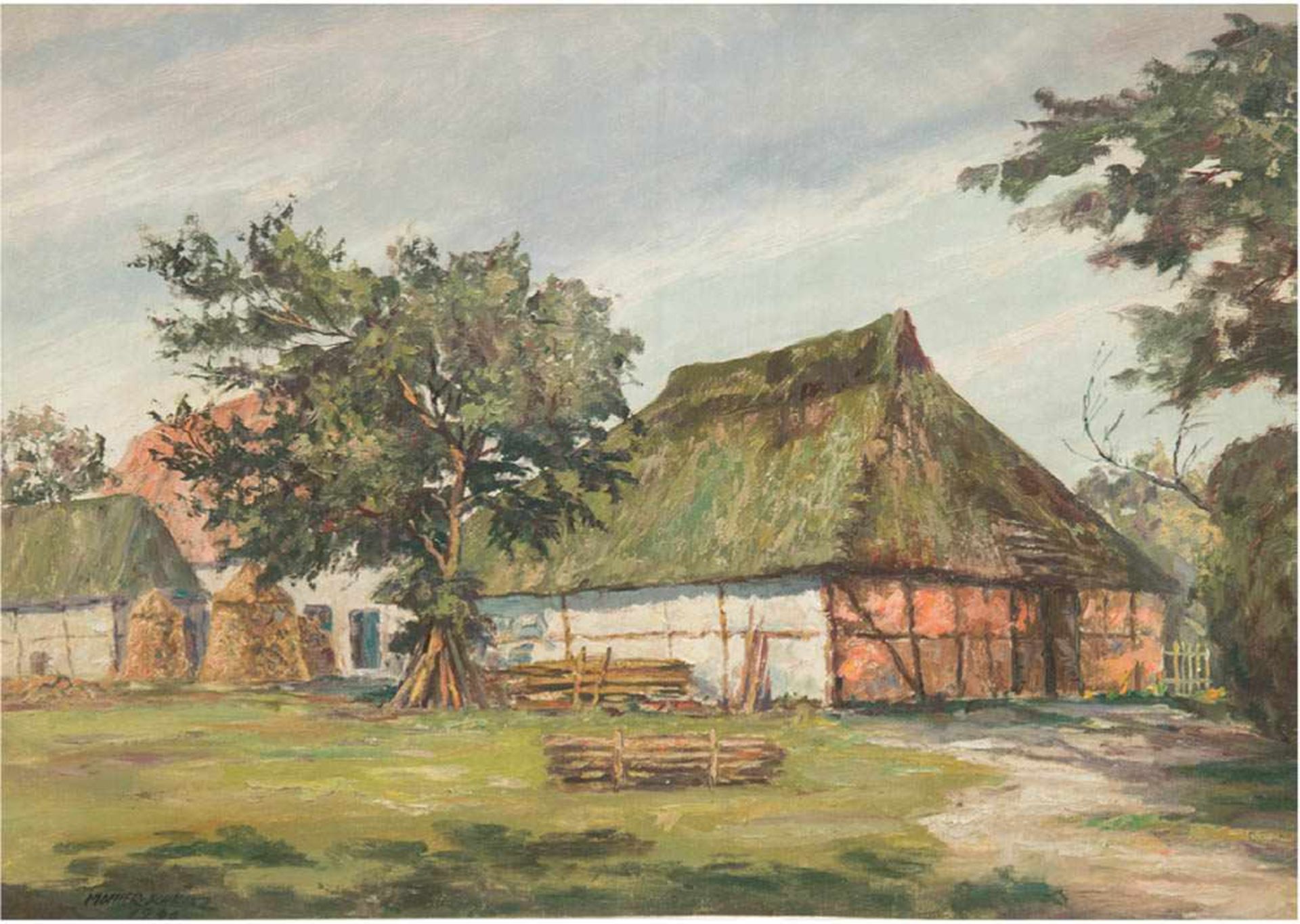 Moeller-Schlünz, Fritz (1900 Schwaan-1990) "Mecklenburger Bauerngehöft mit Holzmieten",Öl/SH.,