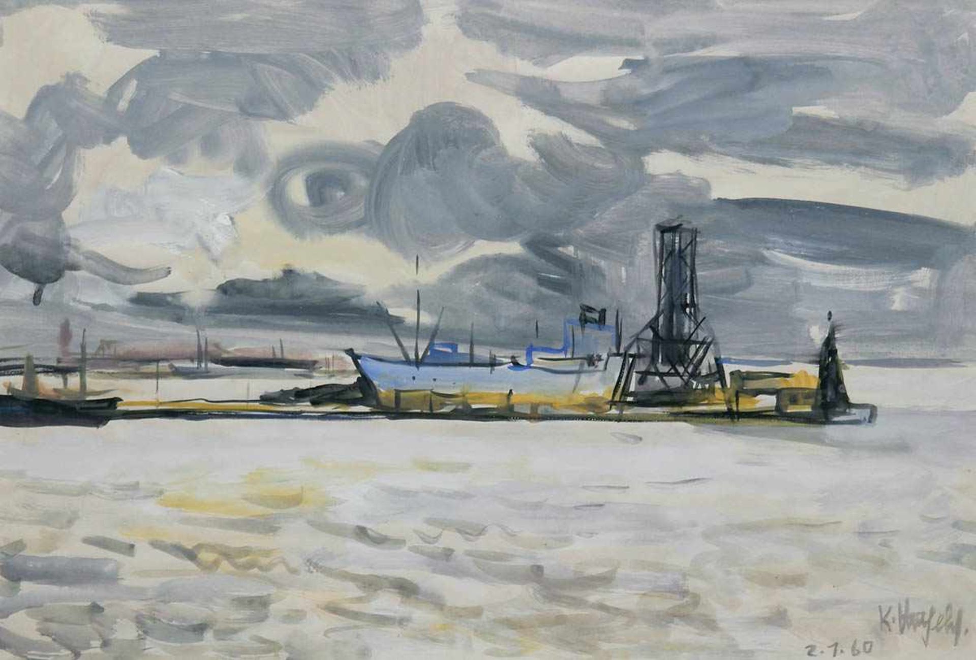 DDR-Künstler "Ostseehafen", Aquarell, unleserlich sign. u. dat. 1960, 40x60 cm, imPassepartout