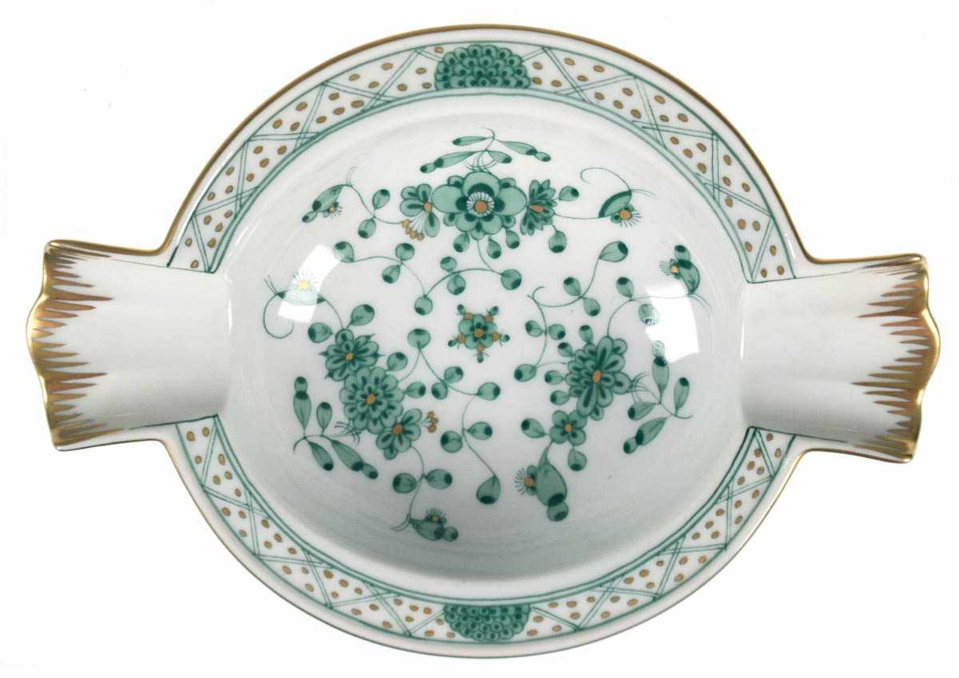 Meissen-Aschenbecher, oval, Reiche Indische Malerei in Grün mit Goldpunkten, I. Wahl, L.14,5 cm