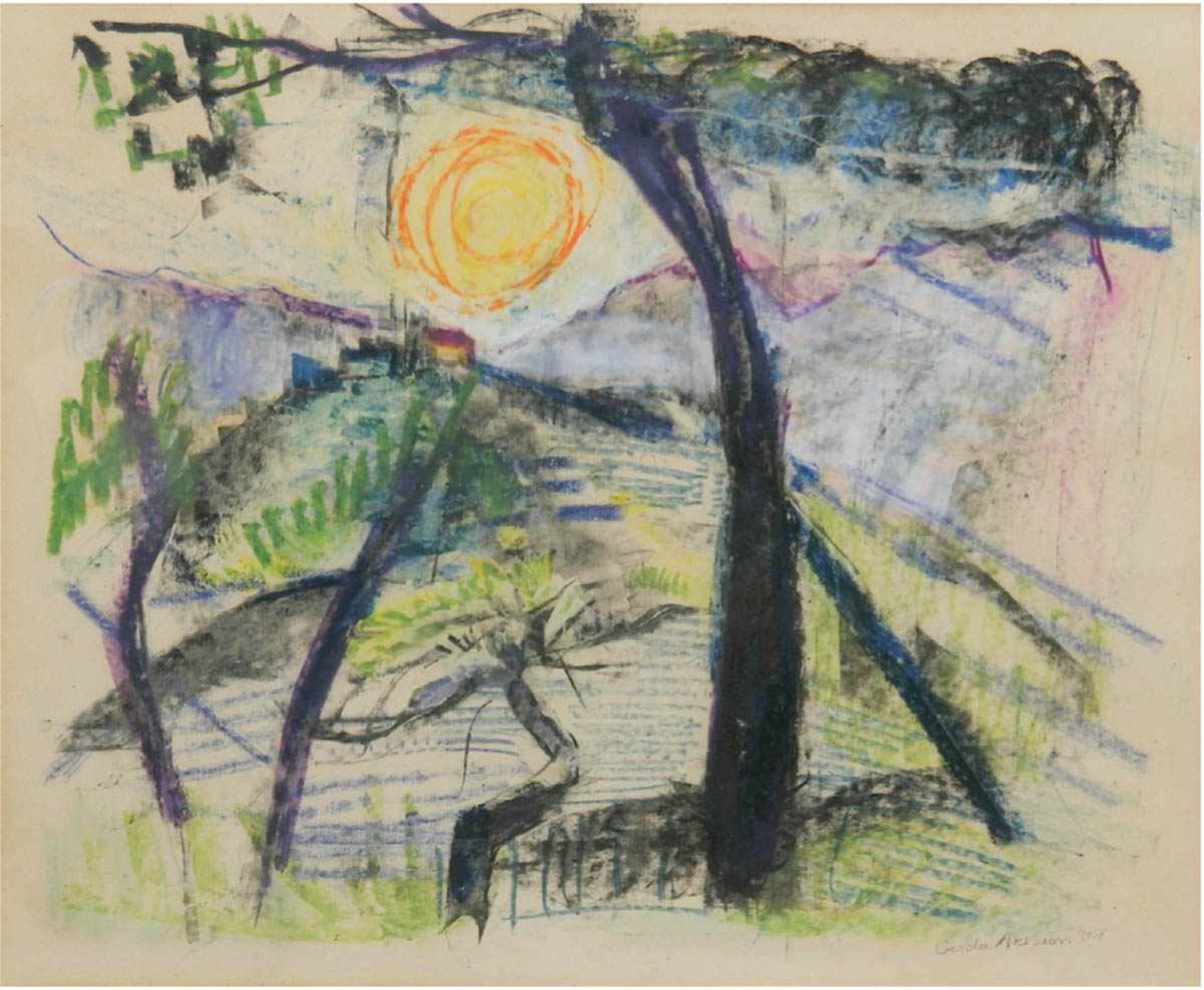 Akesson, Gerda ( 1909-1992) "Sonnenaufgang über dem Bach", Mischtechnik/Papier, sign. u.dat. 1958