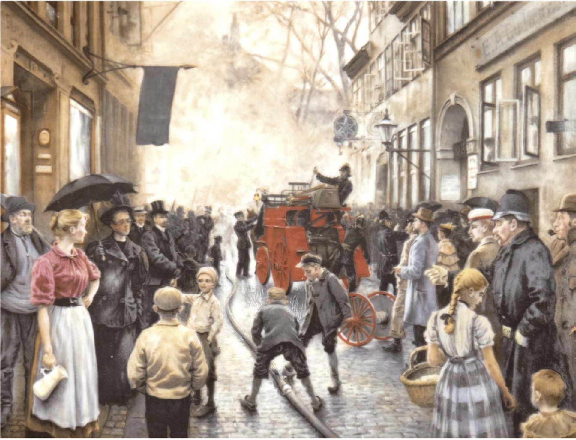 Porzellan-Bildplatte "Feuerwehreinsatz", Bing u. Gröndahl, nach Paul Fischer, EX 908/1750,21,5x27