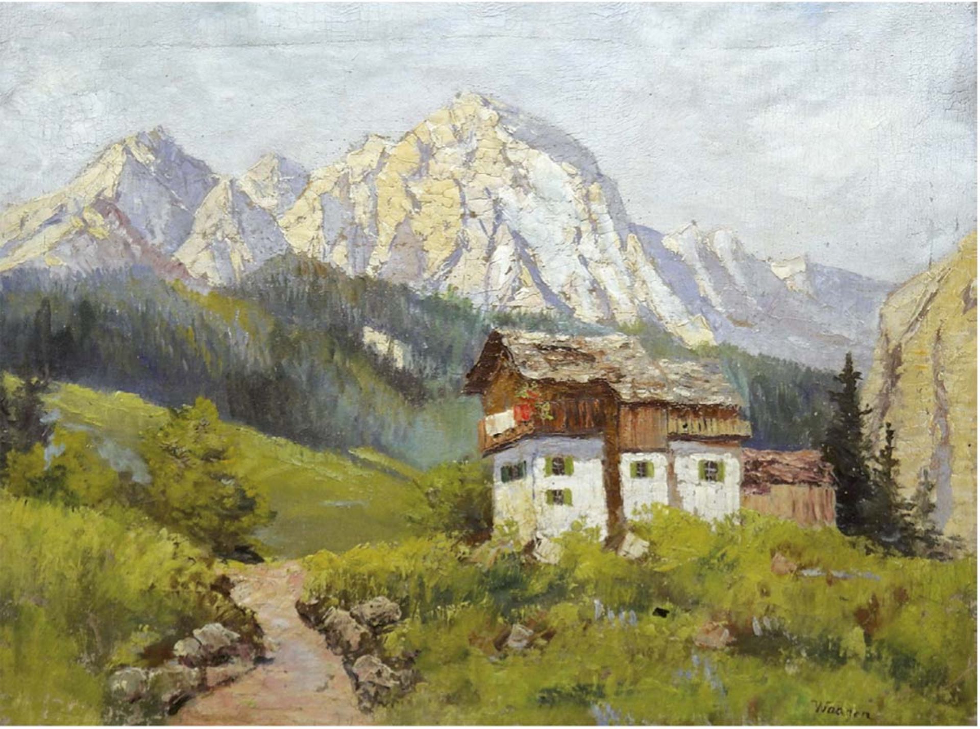 Waagen "Hochgebirge mit Sicht auf Watzmann", Öl/Lw., sign. u.r., 60x80 cm