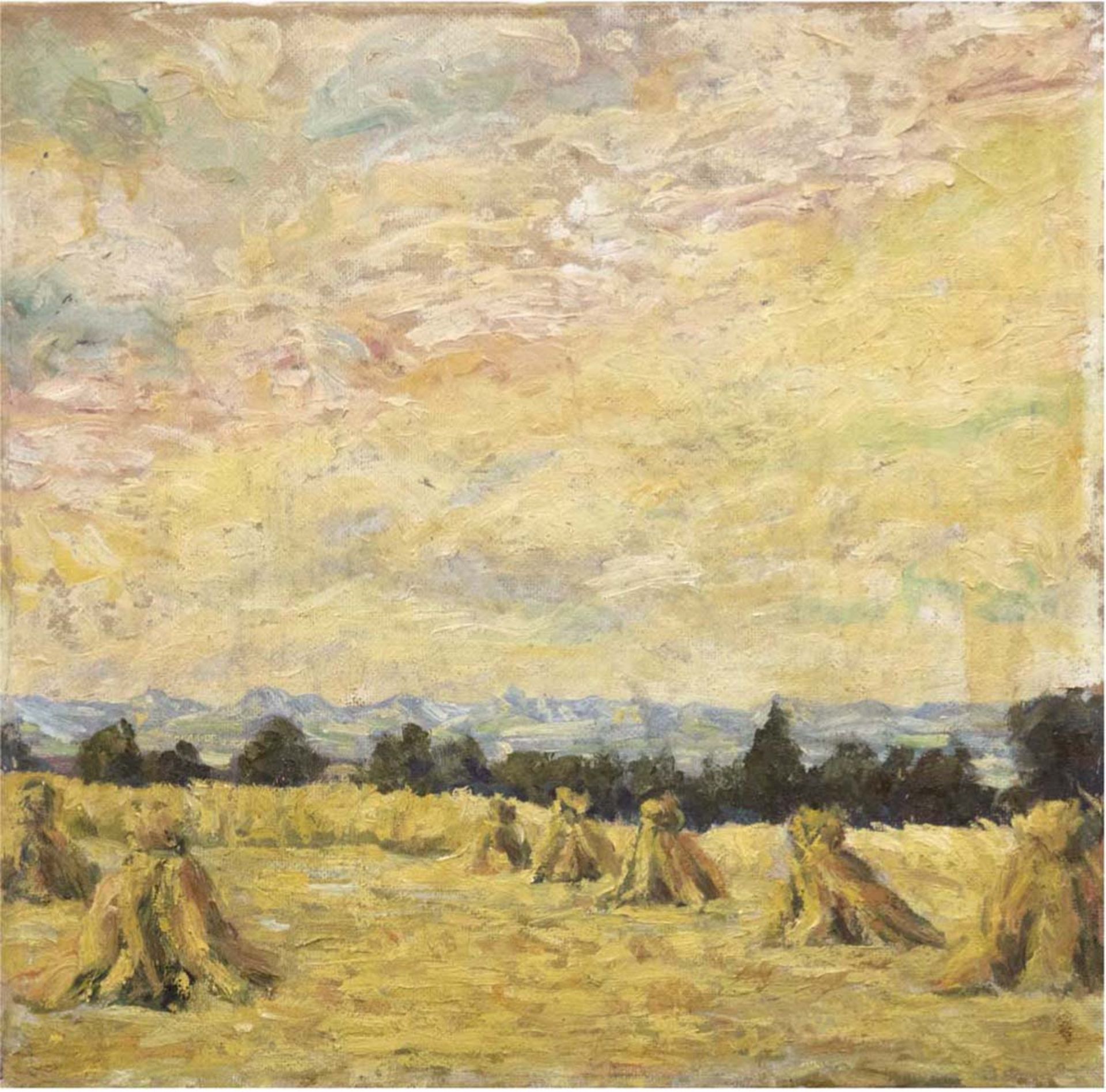 Maler 1. Hälfte 20. Jh. "Erntelandschaft mit Kornhocken", Öl/Mp., unsigniert, 45x45 cm