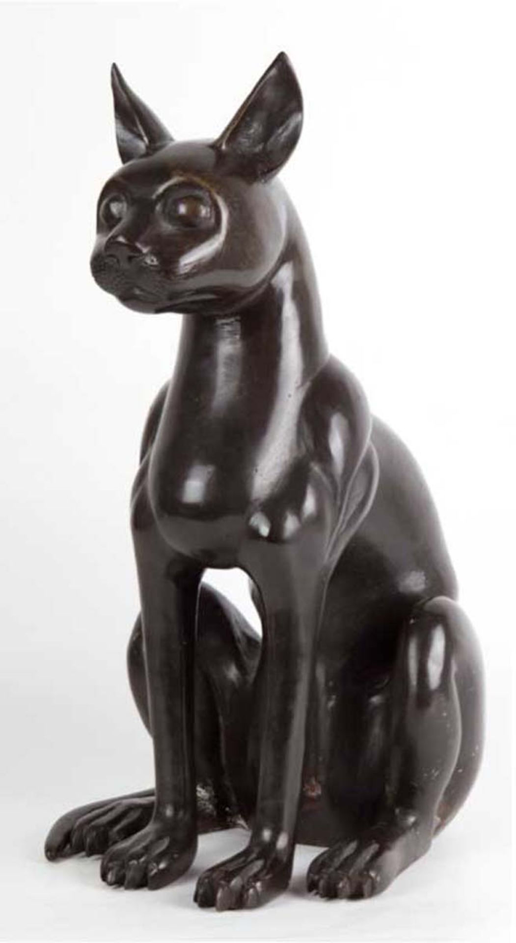 Figur "Sitzende Katze", Messing schwarz gefaßt, Fassung mit einigen Fehlstellen, H. 44 cm