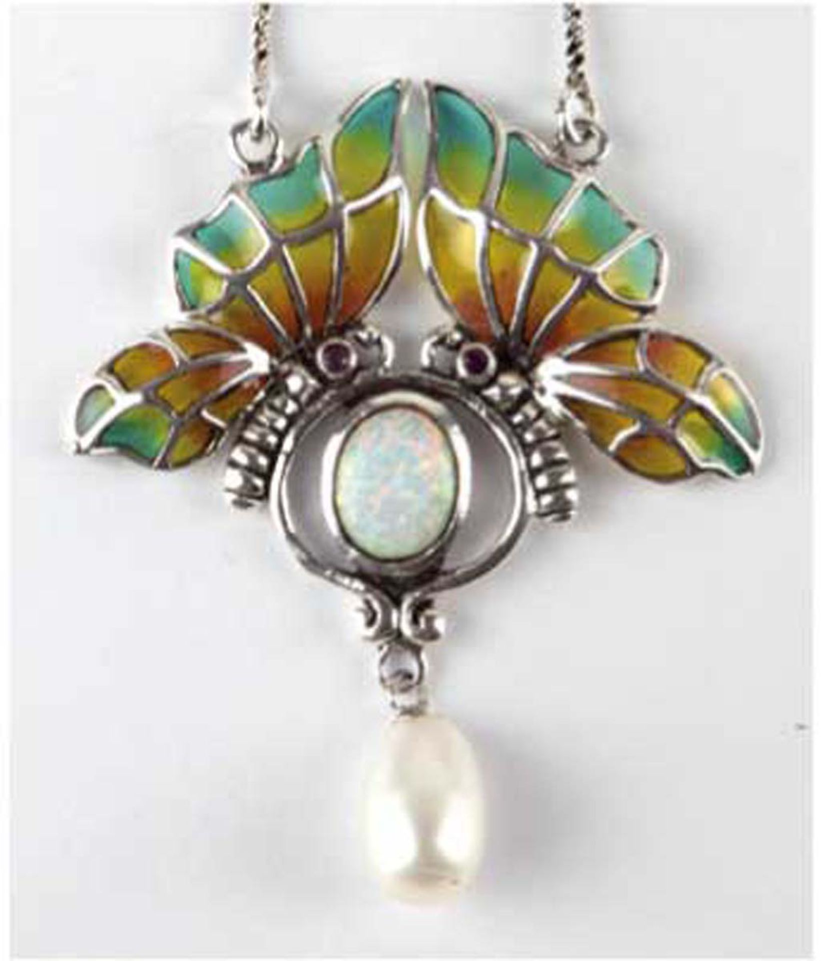 Collier, 925er Silber, Mittelteil in Form von 2 Schmetterlingen aus farbigem Fensteremail,Opal und