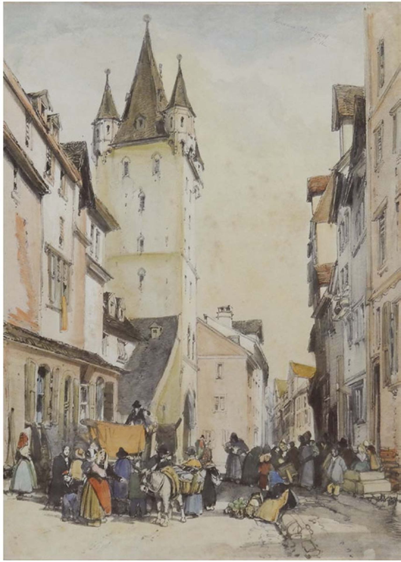 "Handelsschiffe" und "Händlertreiben in der Gasse", monogr. "JDH" und dat. 1834, Druck,20x29cm u.