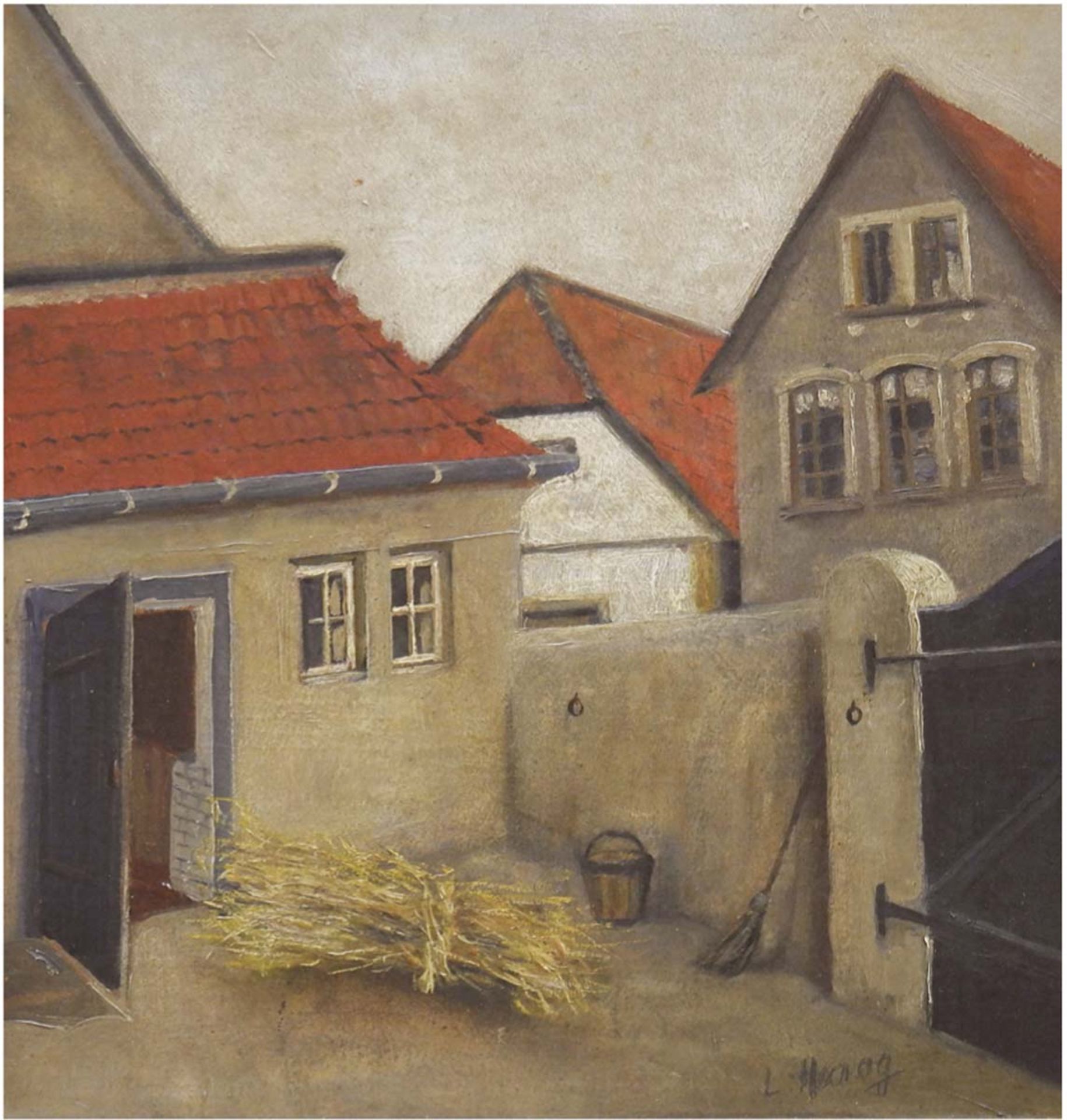 Harog, L. "Stallgebäude mit Wohnhaus im Hintergrund", Öl/Mp., undeutl. sign. u.r.,rückseitig bez.,