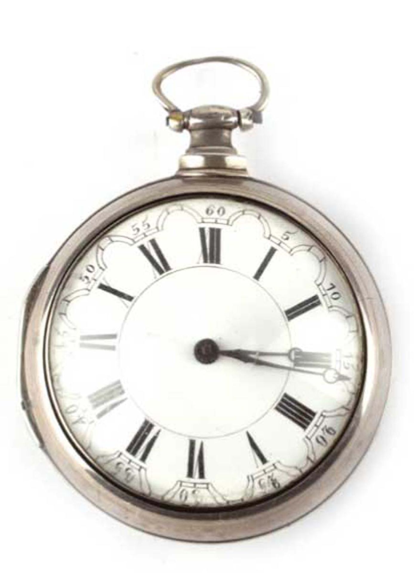 Taschenuhr mit Schutzgehäuse, England 19. Jh. Silber, Schlüsselaufzug, filigrangearbeitete Platine