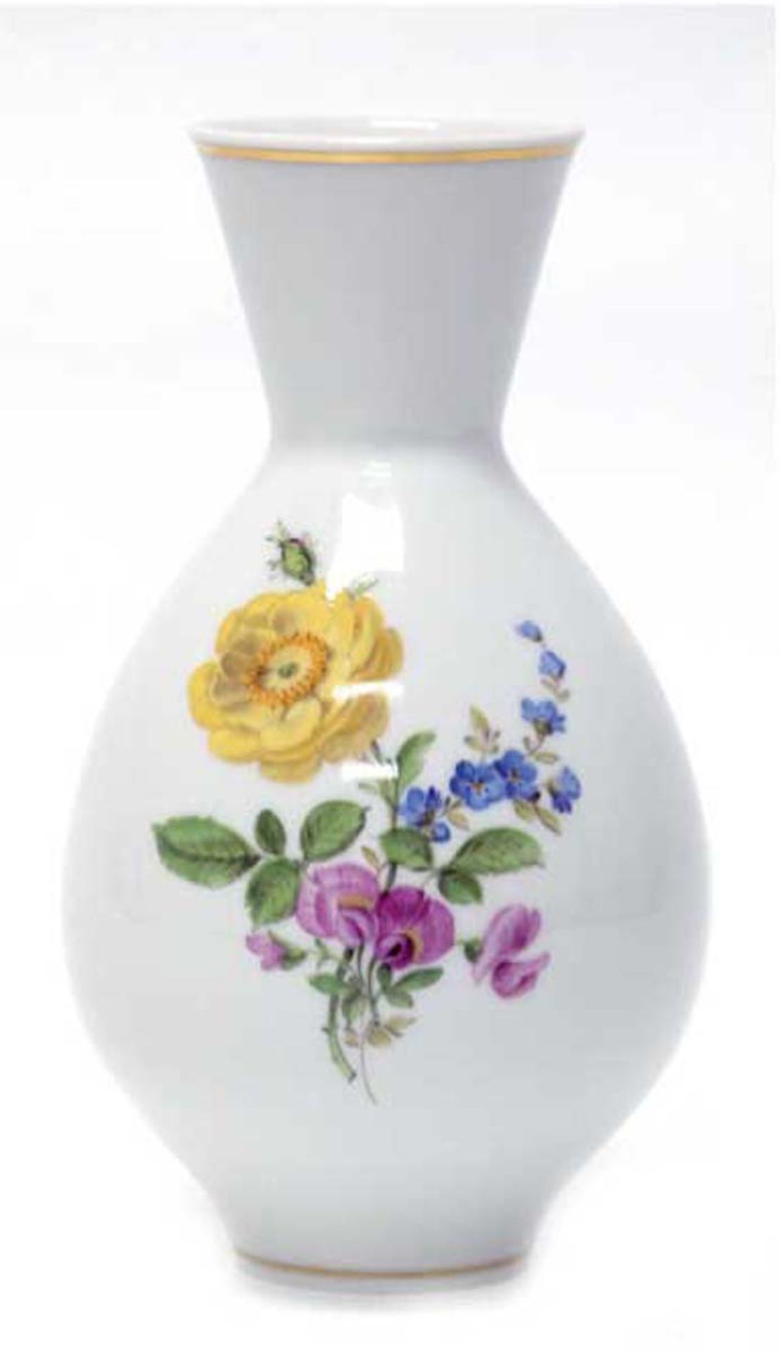 Meissen-Vase, Bunte Blume 3 mit Goldrändern, gebauchte Form, 2. Wahl, H. 21 cm