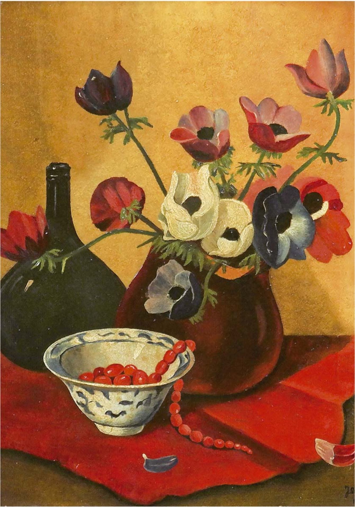 Maler Anfang 20. Jh. "Stilleben mit Anemonen in Vase mit Flasche, Kette und Schale",Öl/Mp.