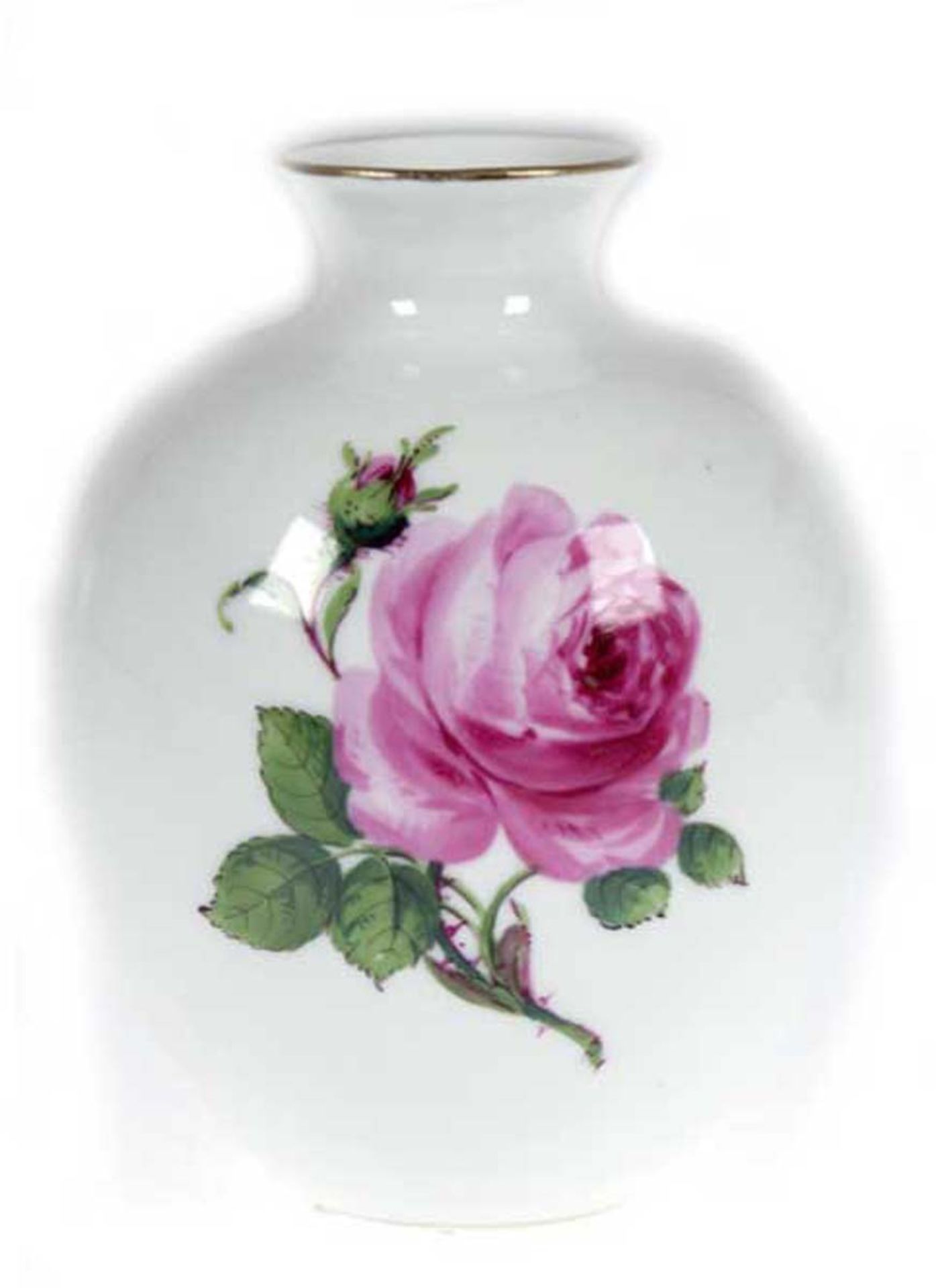 Meißen-Vase, Rote Rose, mit Goldrändern, gebauchte Form, 2 Schleifstriche, H. 14,5 cm