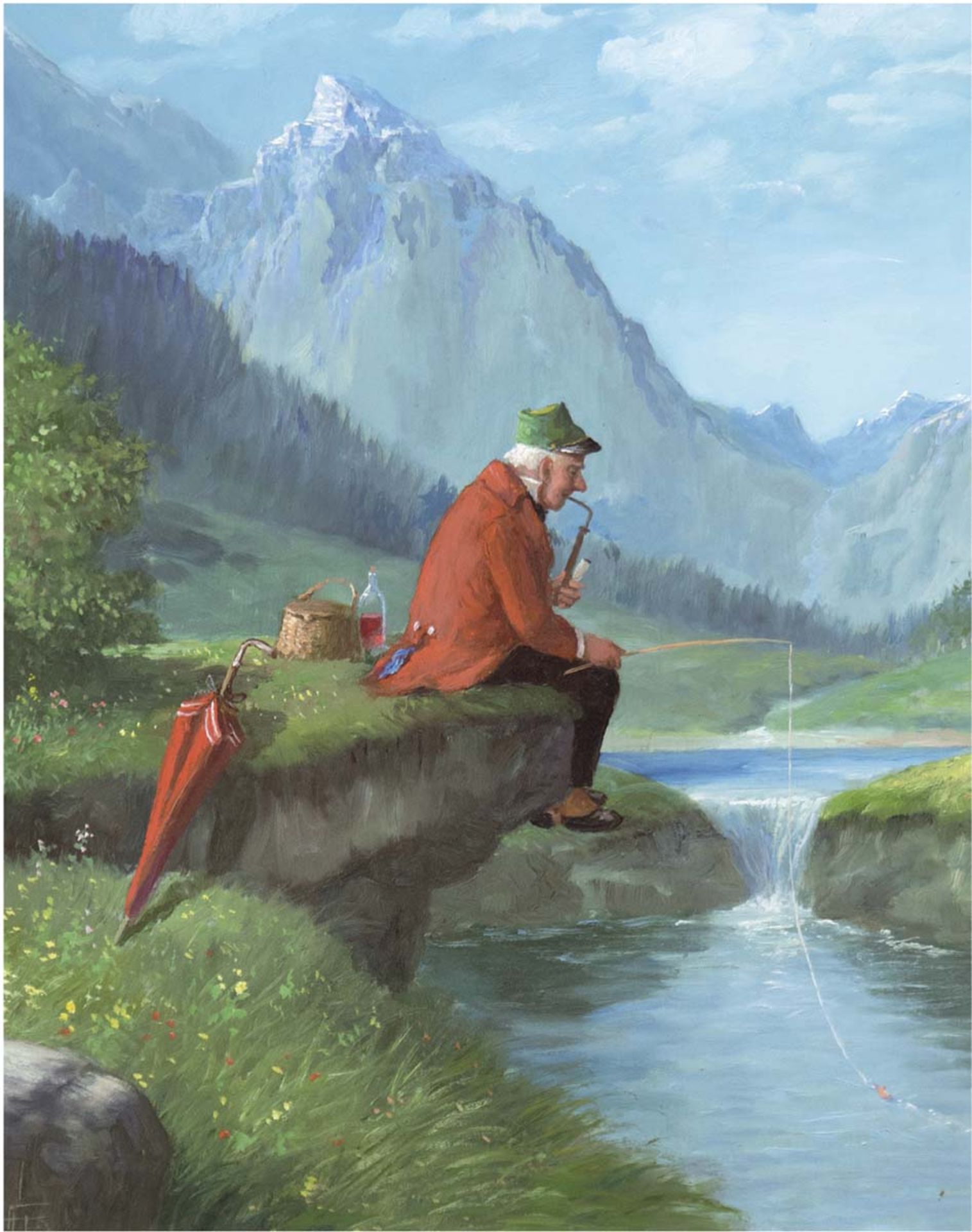 Fenger, Hans (1893-1980) "Pfeife rauchender Angler am Bergsee", Öl/Hf., monogr. u.l.,39x29 cm,