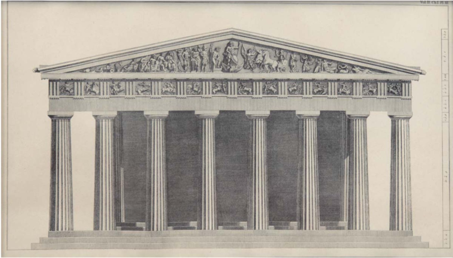 "Antiker Tempel", Grafik, bez. o.r. "Vol. III. Chap. I. Pl. III.", 27x45,5 cm, imPassepartout hinter