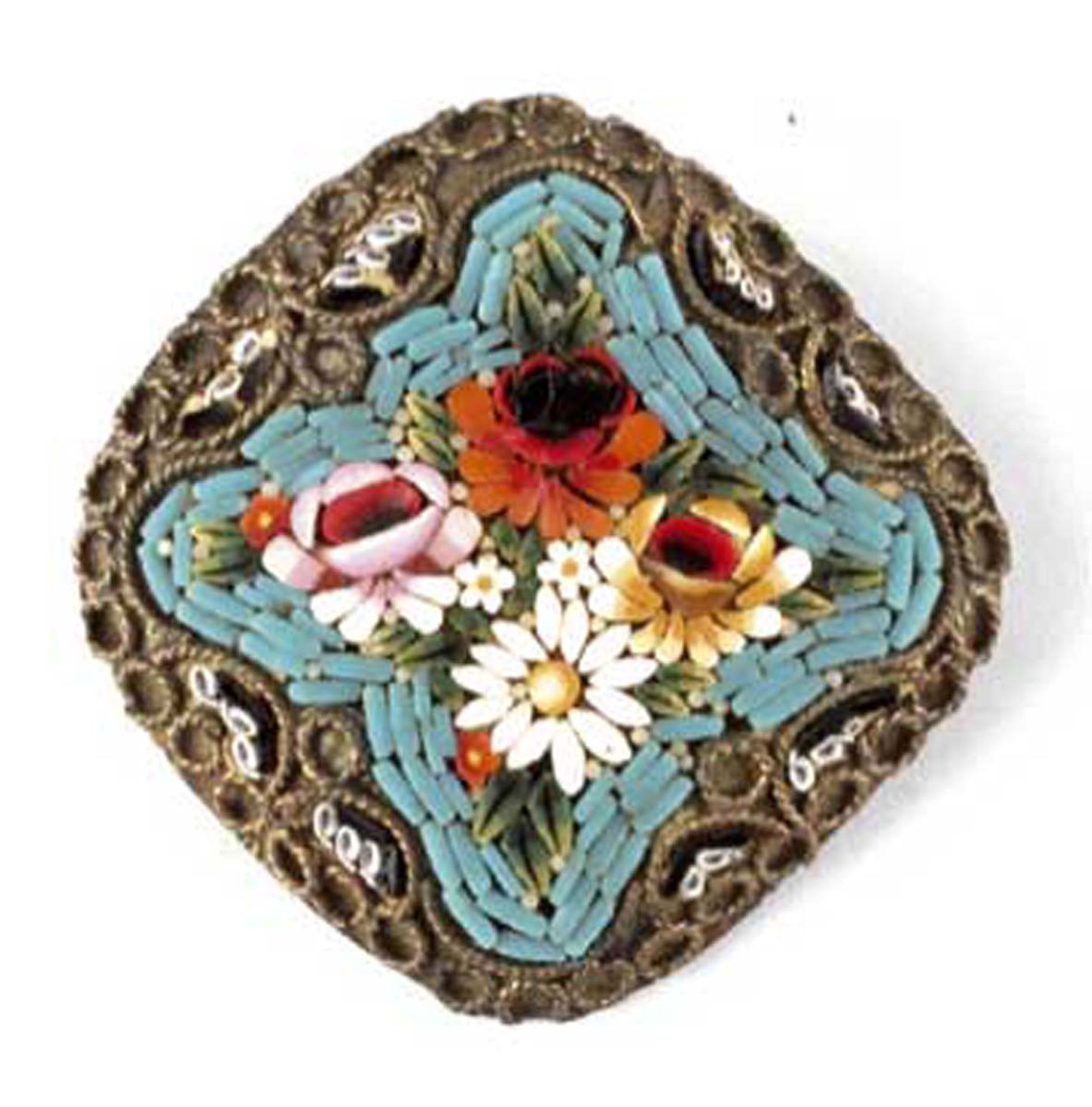 Pietra dura-Brosche, Italien wohl Ende 19. Jh. , florales Mosaik, 2,9x2,9 cm