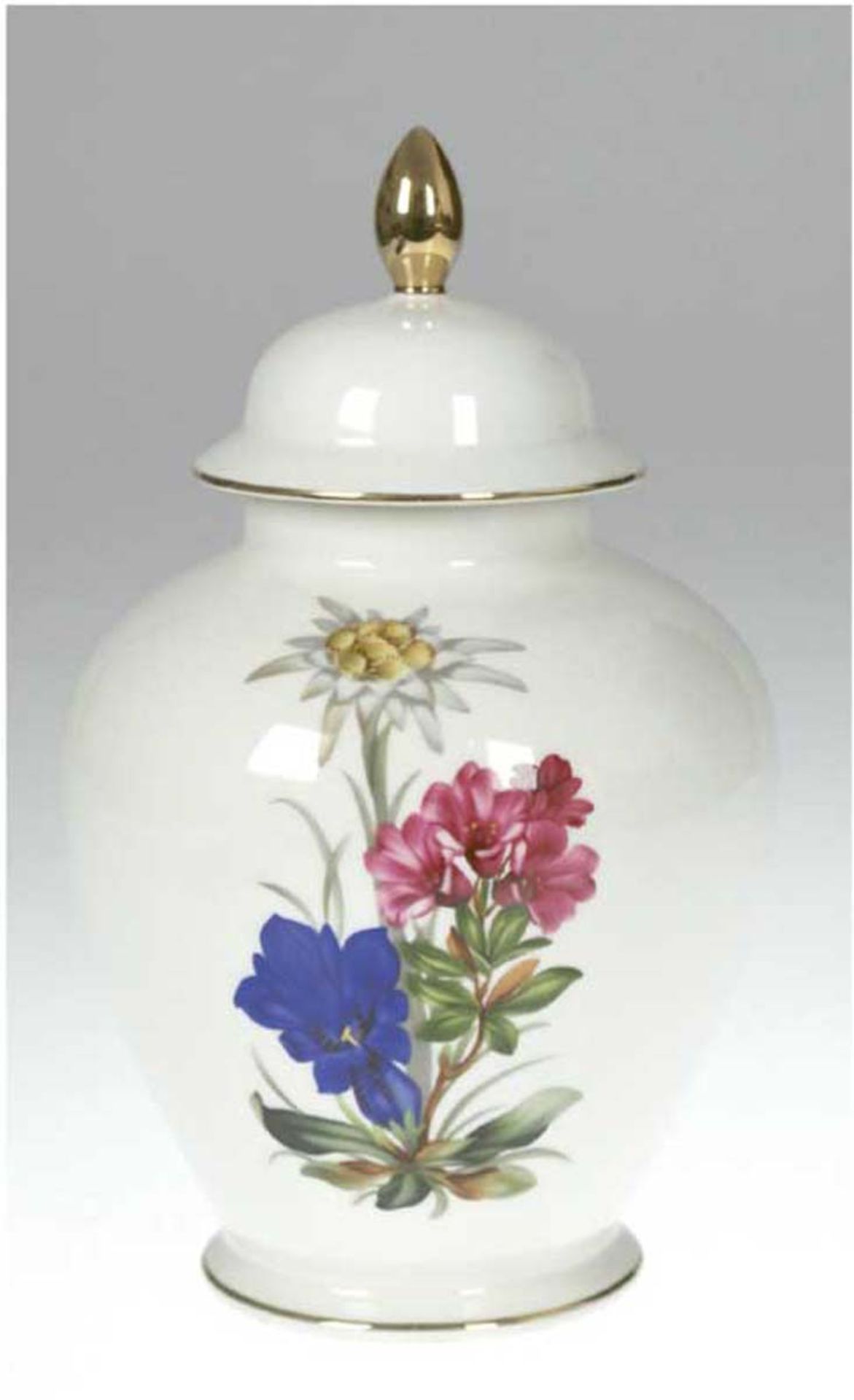 Deckelvase, Walderhof Bavaria, gebaucht, Blumendekor mit Goldränder, H. 28 cm