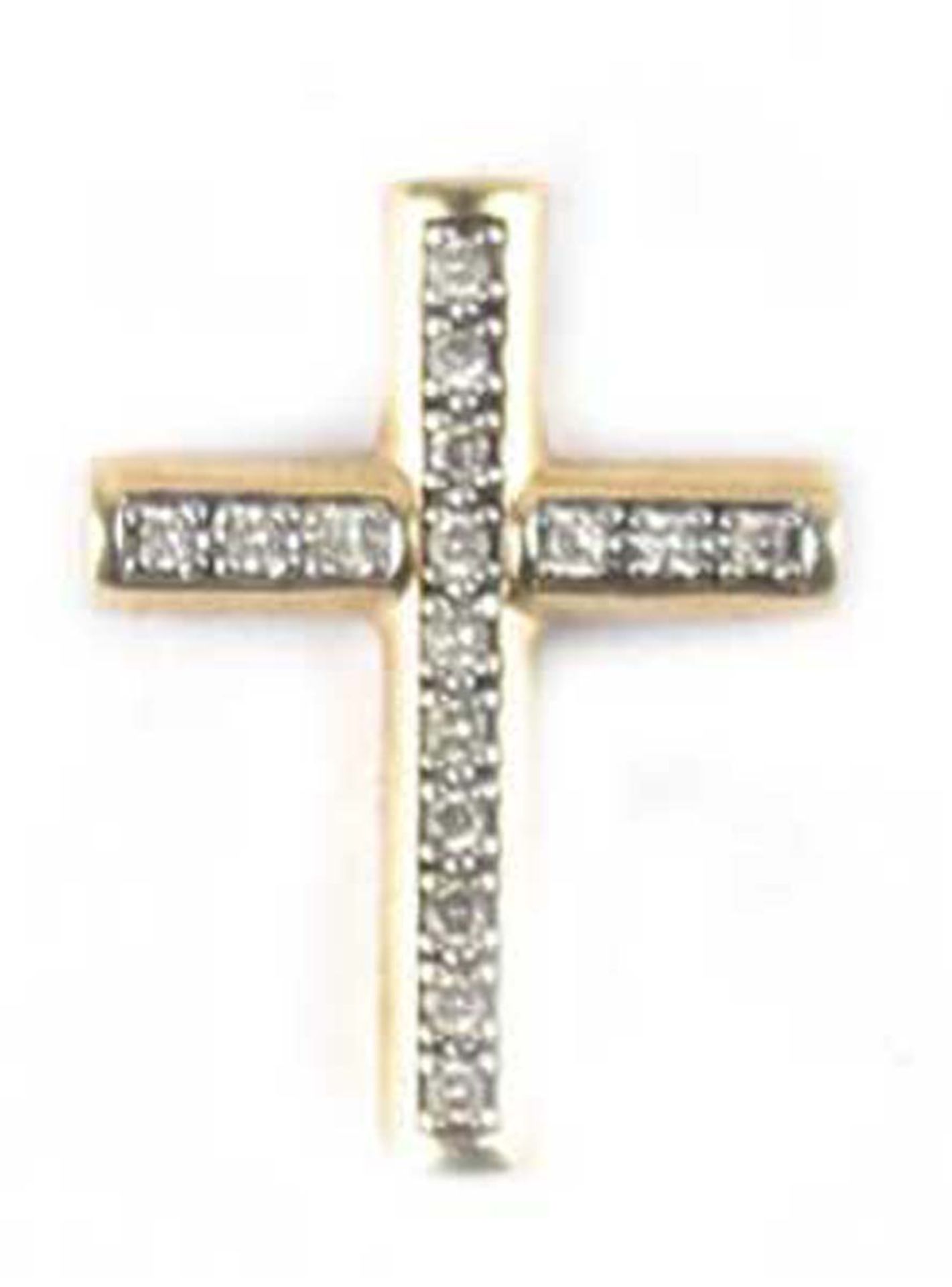 Kreuz-Anhänger, 333er GG, besetzt mit 16 kl. Diamanten, L. 1,9 cm