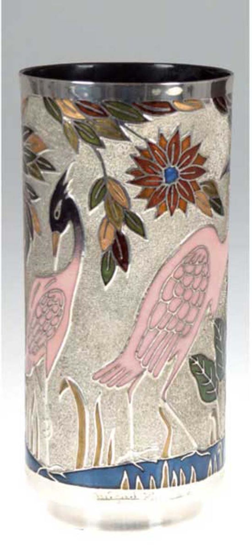 Vase, signiert "Miguel Pineda", Zylinderform, silberfarbenes Metall, polychrom emailliert,umlaufende