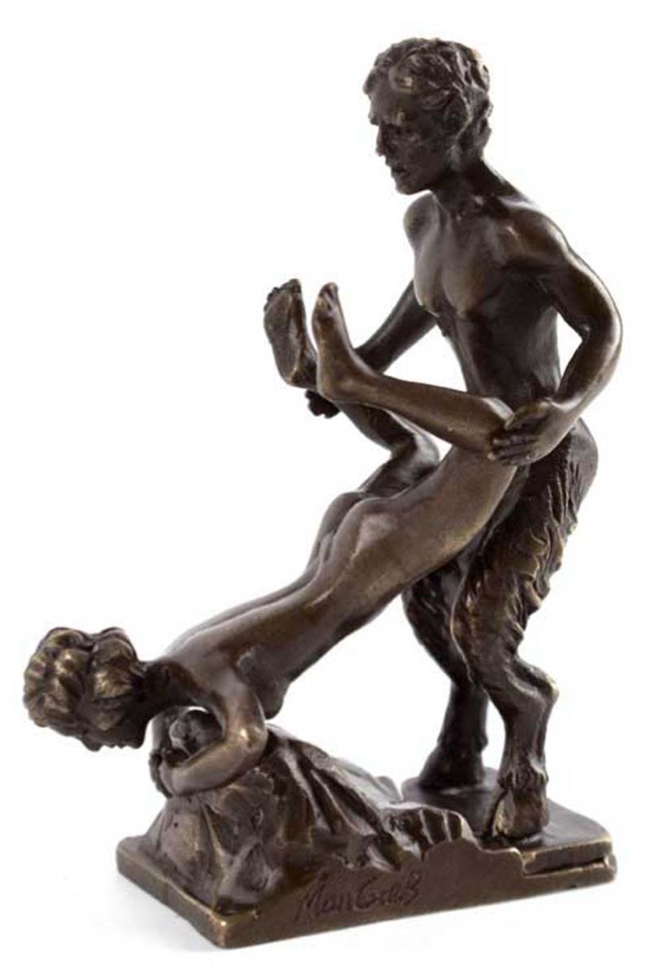 Erotische Bronze-Figurengruppe "Faun beim Leibesspiel", in der Art Wiener Bronze, signiert"Mon