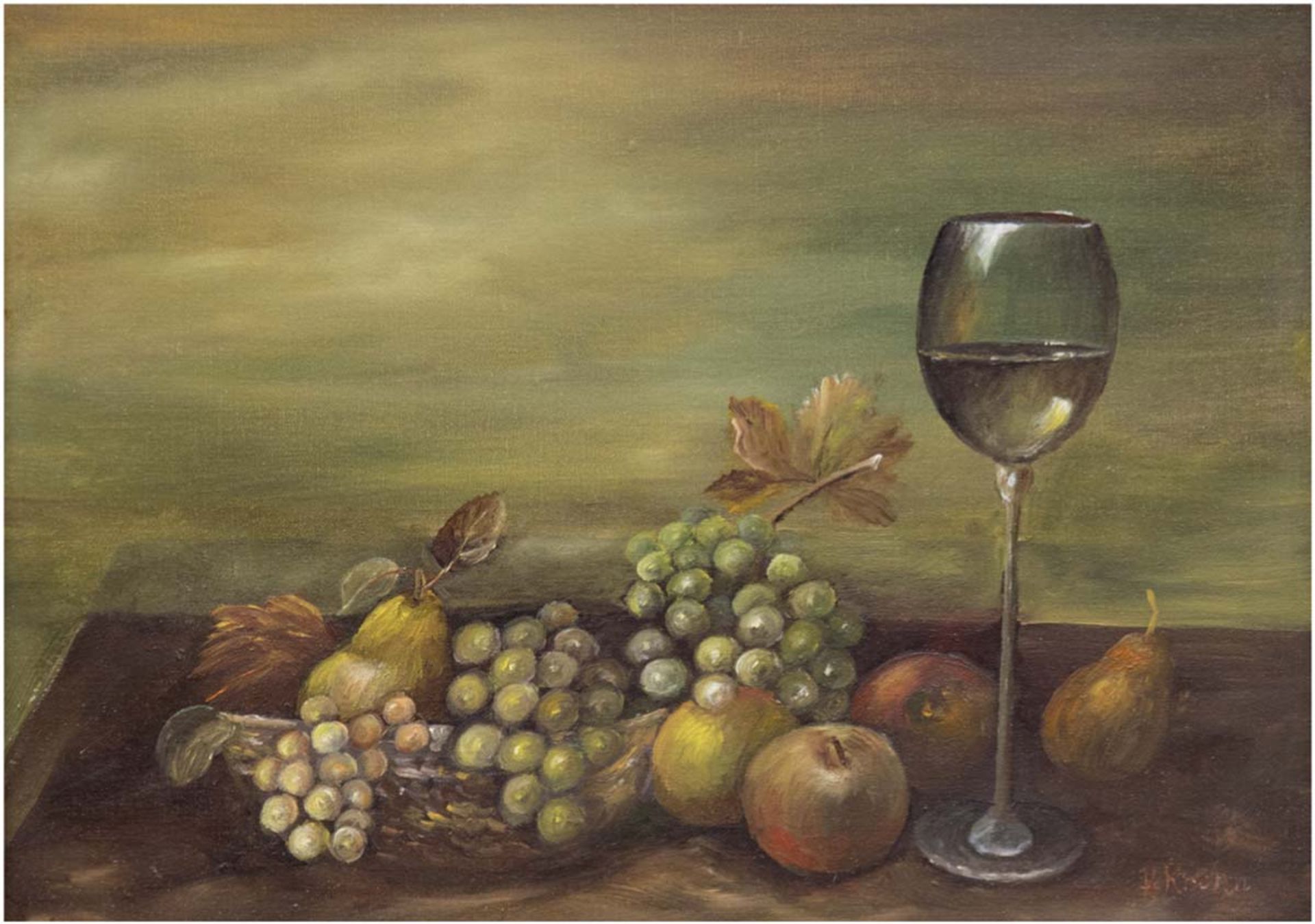 Krohn "Stilleben mit Obst und Weinglas", Öl/Lw., sign. u.r., 24,5x32,5 cm, Rahmen