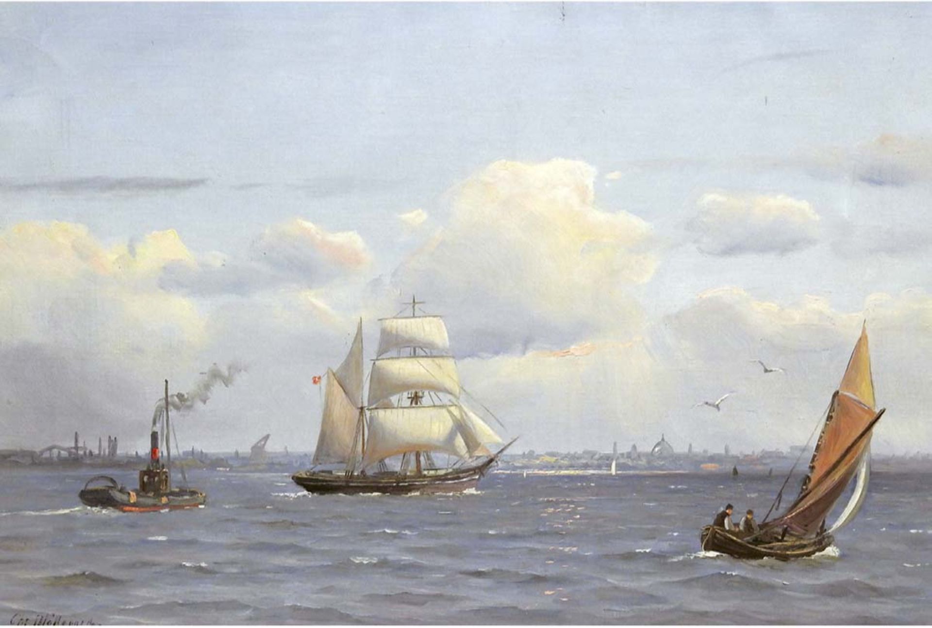 Marinemaler des 20. Jh. "Schiffsverkehr vor Stadthafen", Öl/Lw., unleserlich sign. u.r.,48x69 cm,